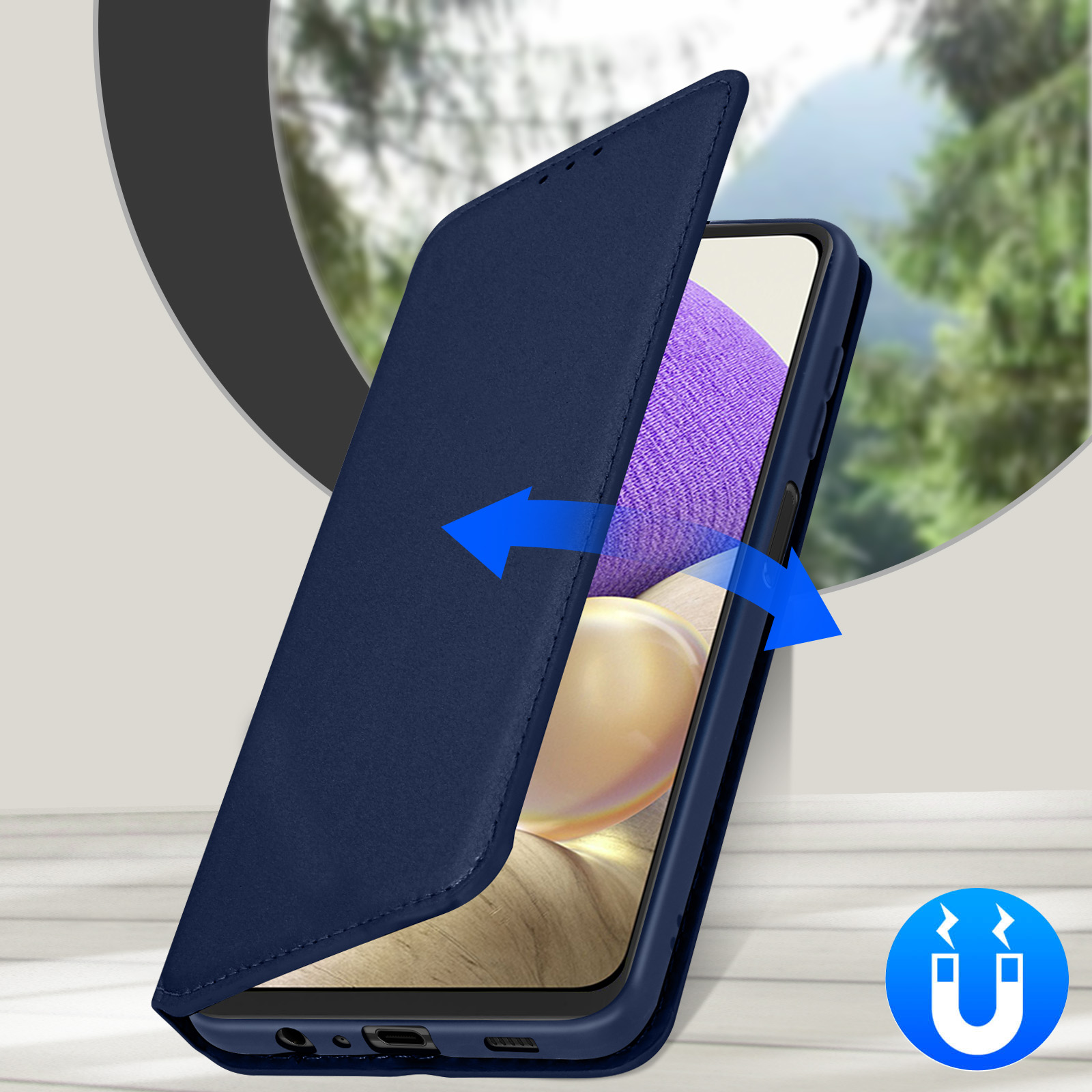 Étui de téléphone bleu ouvert, avec des flèches indiquant la fermeture magnétique et une icône magnétique.