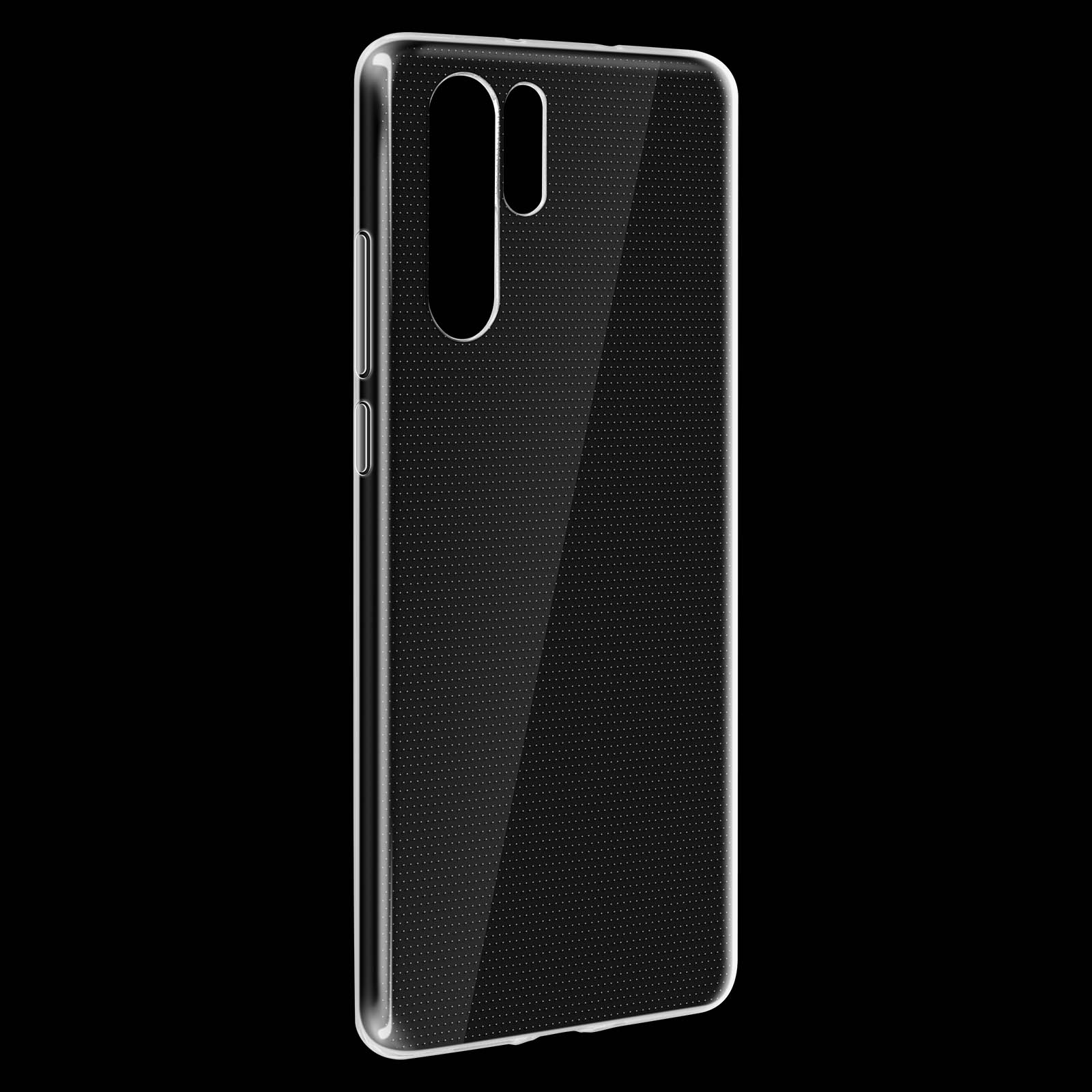 Una custodia trasparente per telefono con fori per la fotocamera, su una superficie nera.