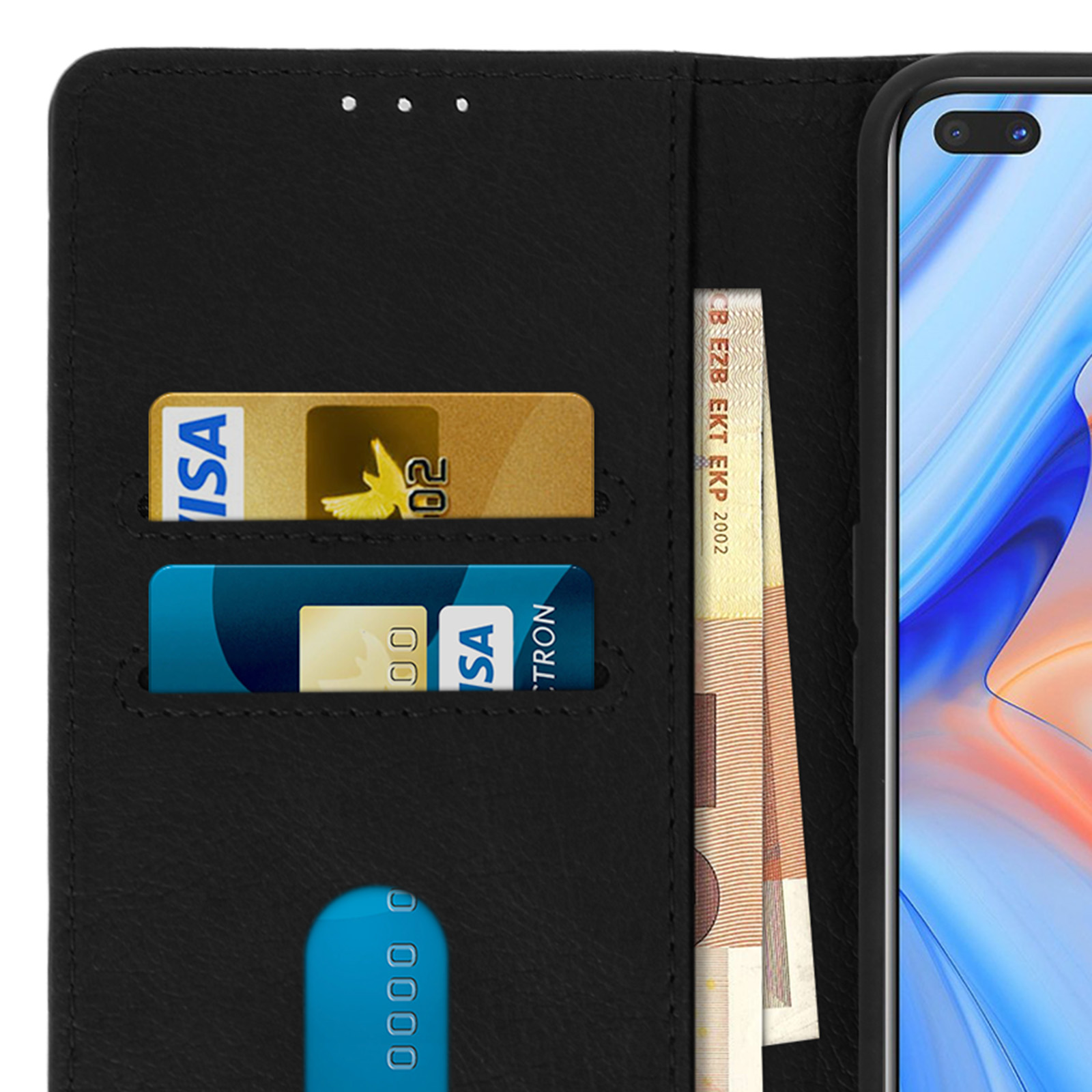 Custodia nera aperta con carte e denaro. Carte con logo VISA. Denaro banconote euro.