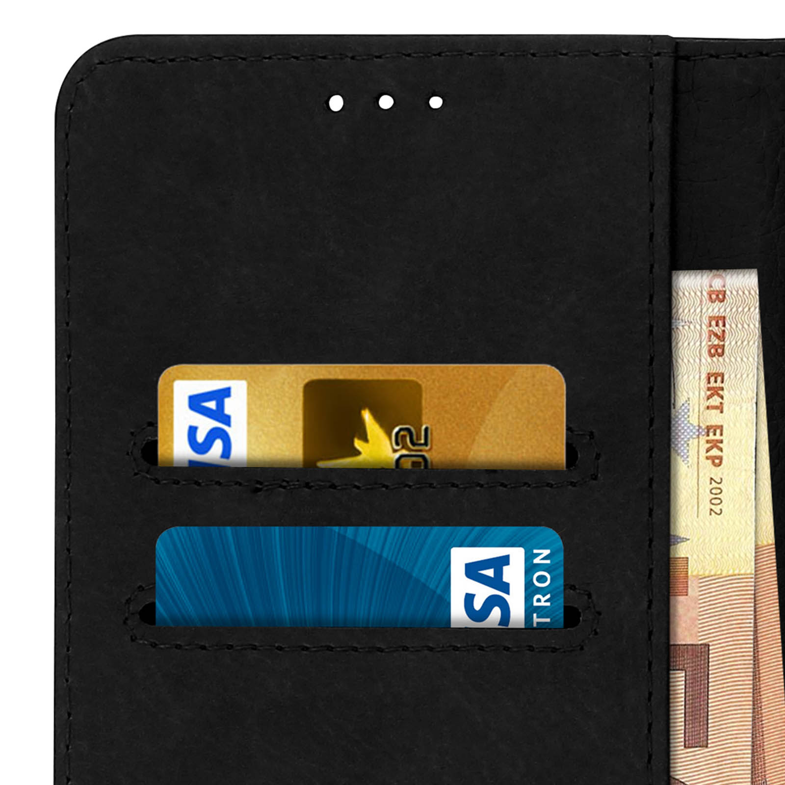 Custodia per telefono con carte dentro. Carte di credito ed euro. Nera.
