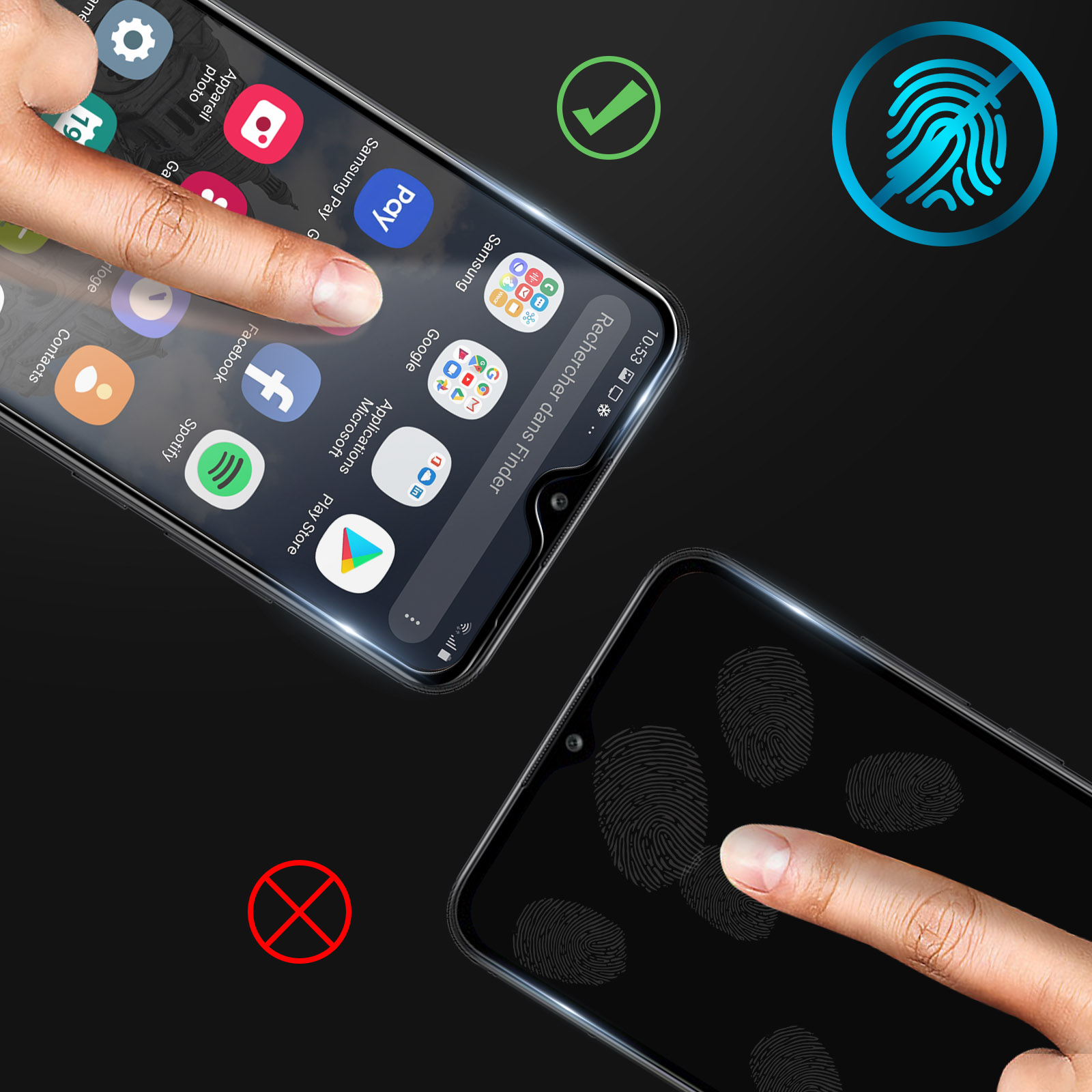 Due smartphone con impronte digitali e icone sullo schermo. Un dito tocca un telefono. Sfondo nero.