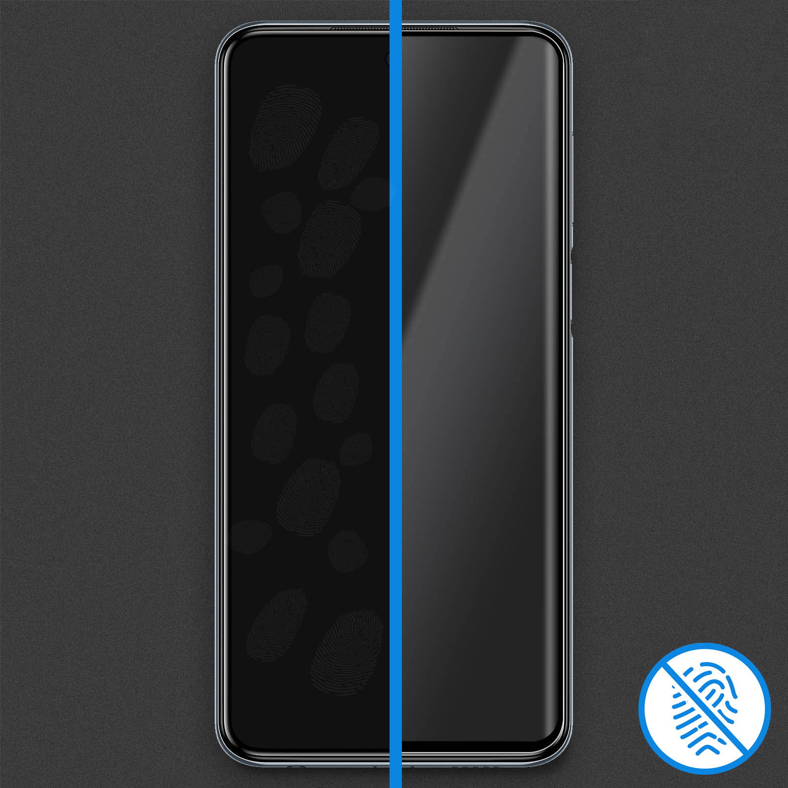 Proteggi schermo per telefono, metà con impronte digitali, metà pulito, con una linea blu. Nessuna icona di impronta digitale.