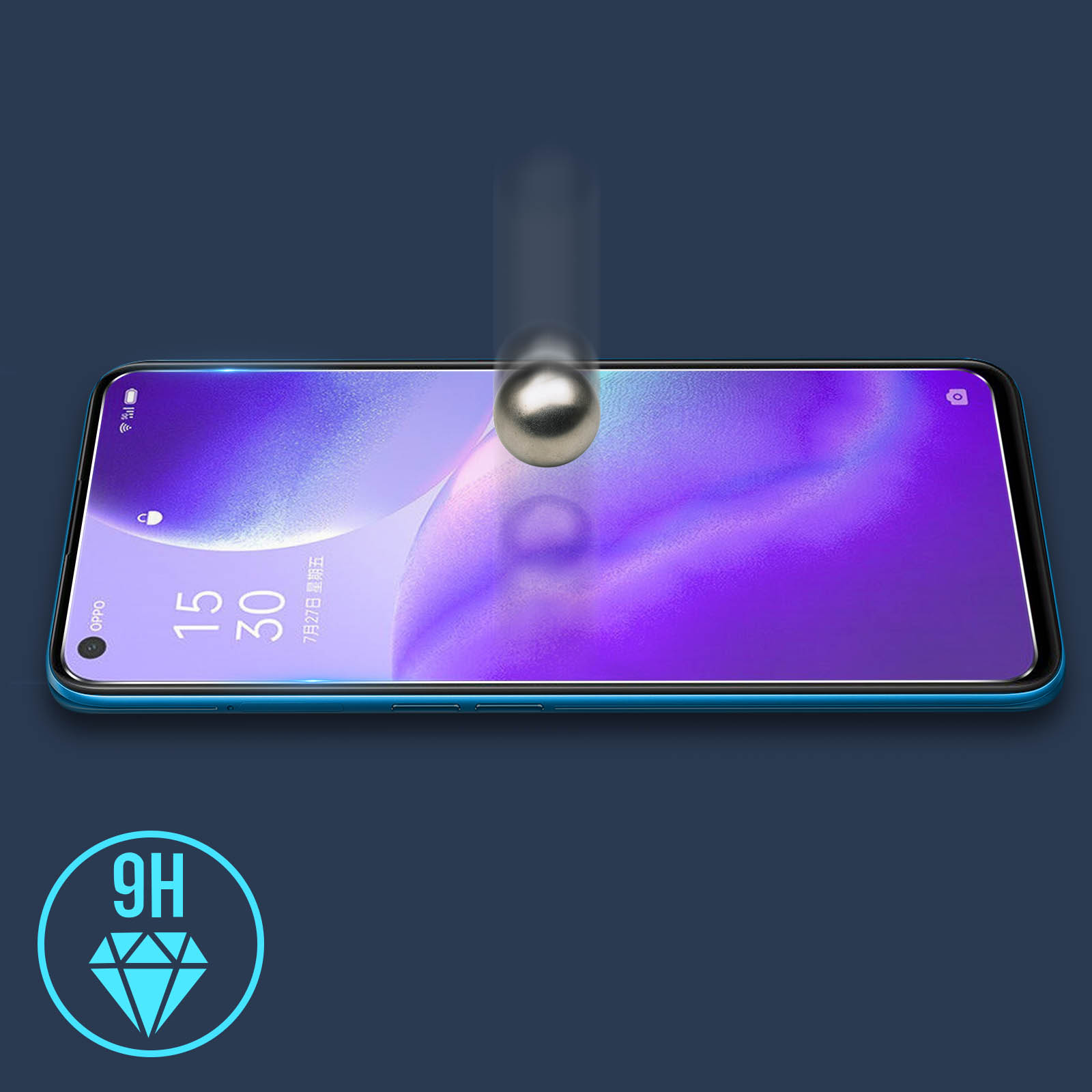 Uno schermo del telefono con testo viene colpito da una piccola palla di metallo. Viene mostrata un'icona a diamante.