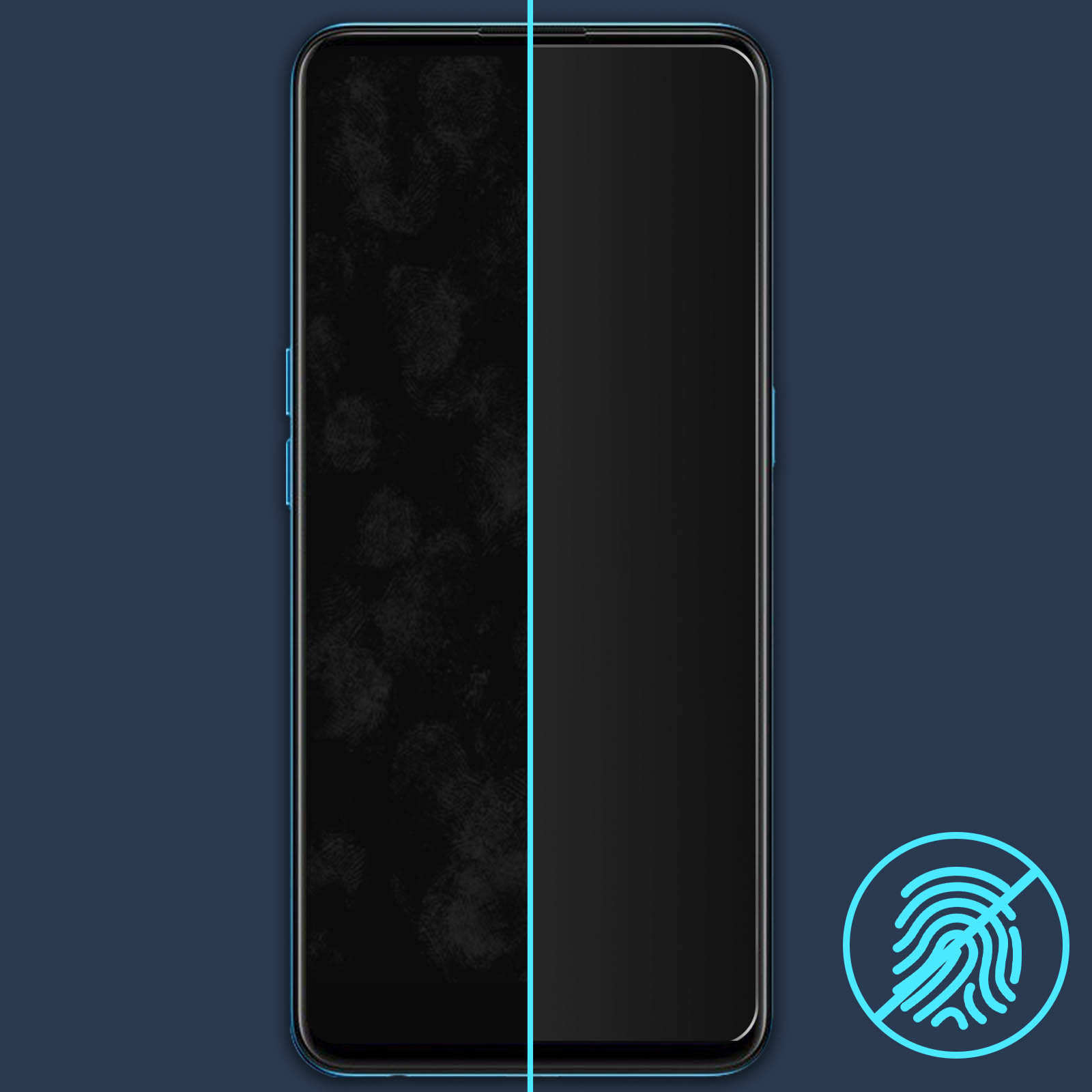 Schermo del telefono con impronte digitali a sinistra e pulito a destra.