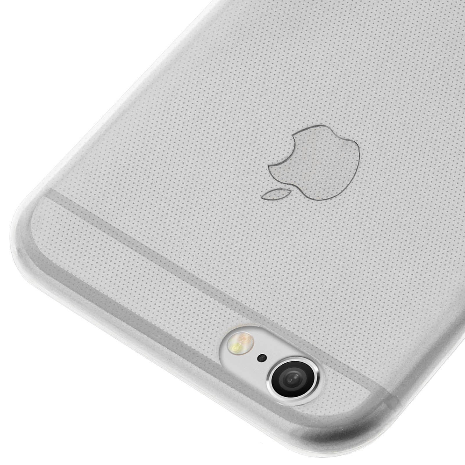 Nahaufnahme einer durchsichtigen iPhone-Hülle. Apple-Logo sichtbar. Kameralinse unten am Telefon.