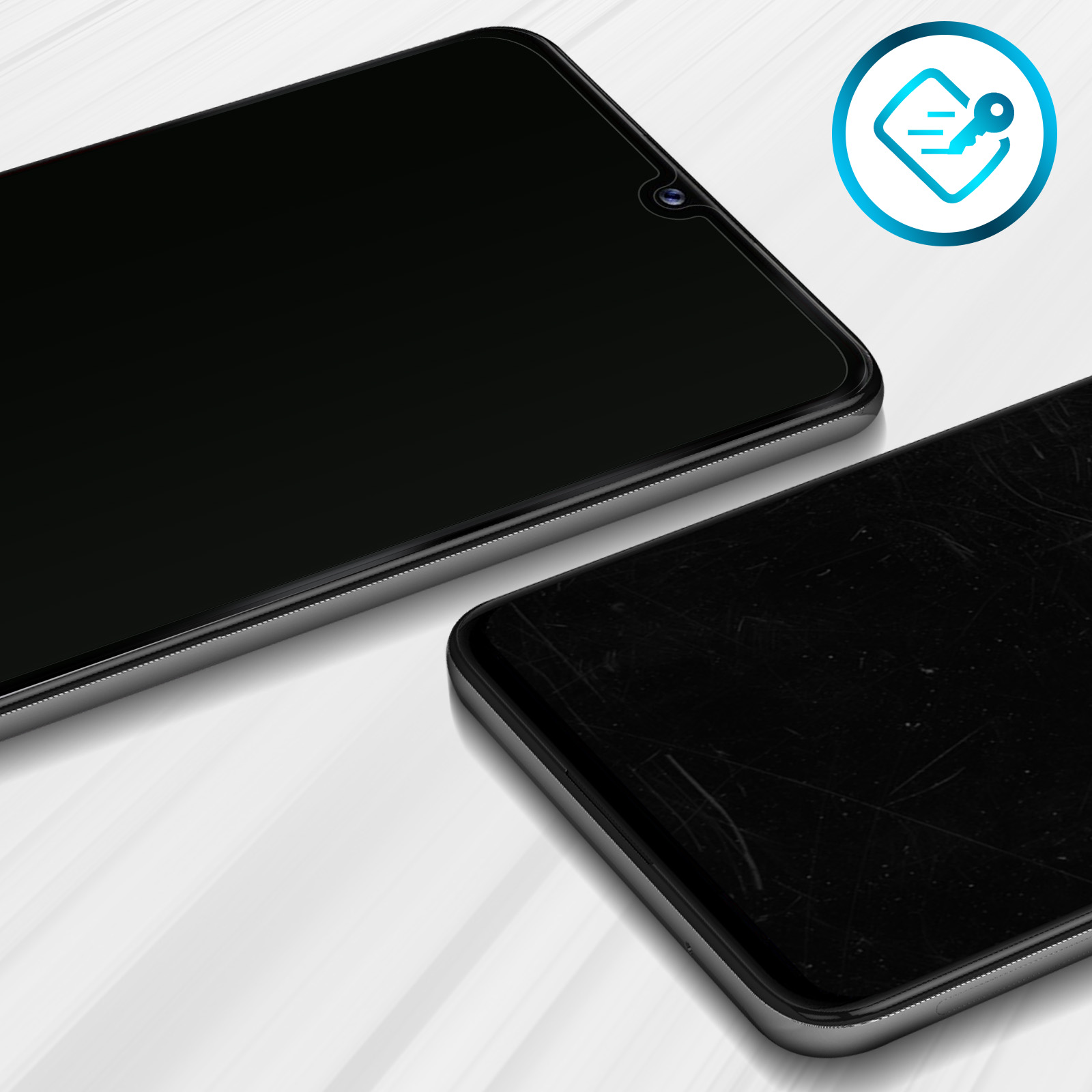 Due smartphone neri su una superficie bianca. Uno è nuovo, l'altro è graffiato. Un logo blu e bianco sullo sfondo.