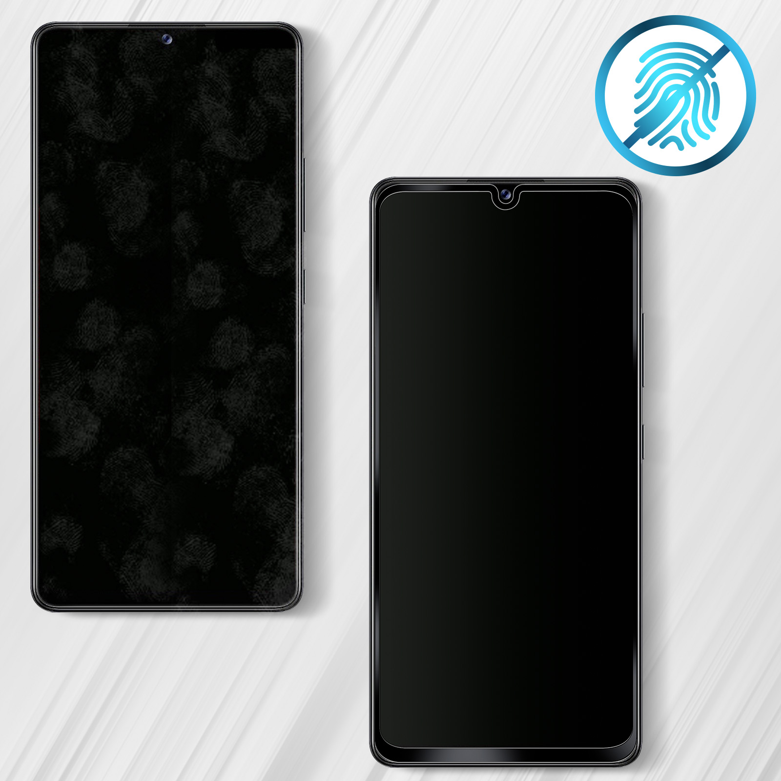 Due smartphone neri. Uno è coperto di impronte digitali, l'altro è pulito. Un simbolo di impronta digitale è sbarrato.