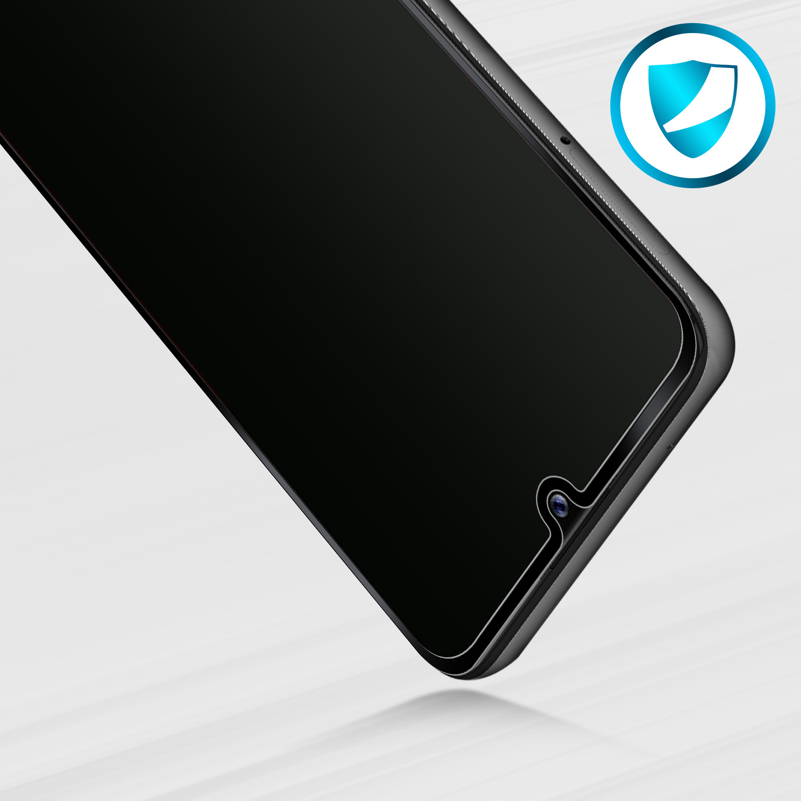 Primo piano di uno schermo di smartphone. È nero e angolato, con una fotocamera. È visibile un logo a scudo di sicurezza.