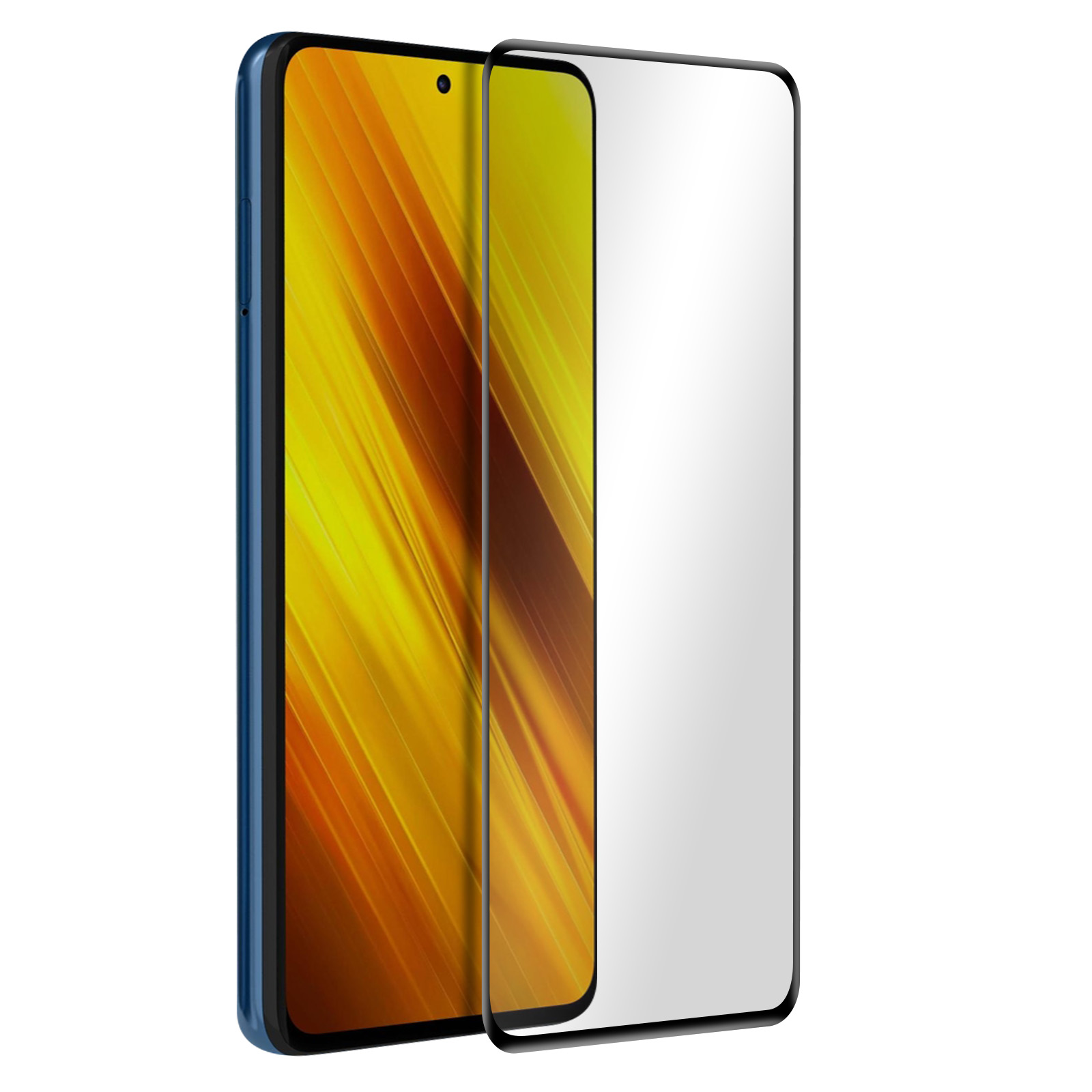 Uno smartphone con una protezione per lo schermo applicata. Il telefono ha una cornice blu, la protezione è trasparente.