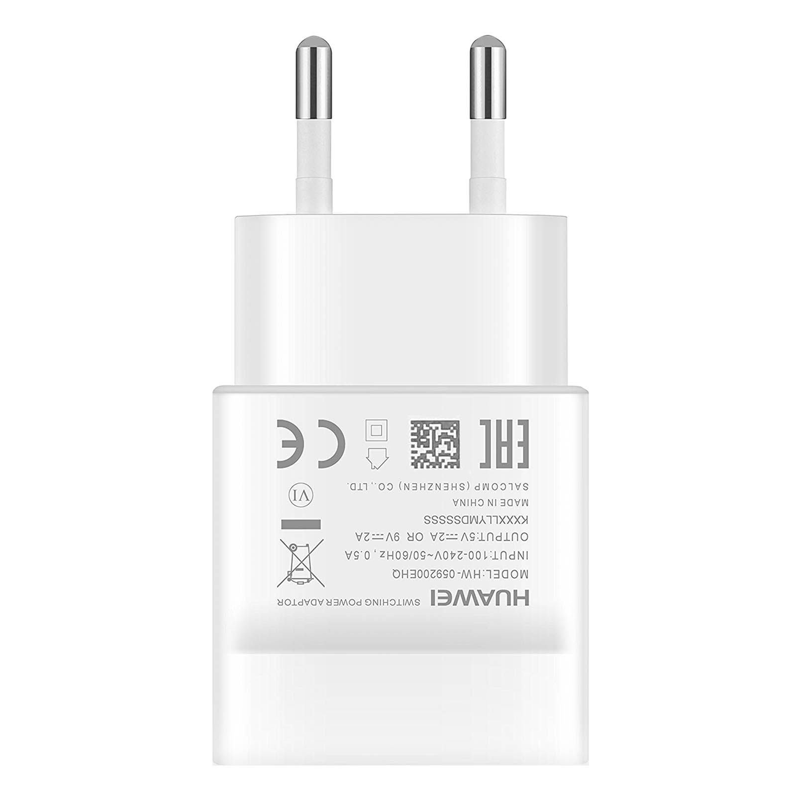 Caricabatterie Huawei bianco con due spinotti argentati ed etichetta con info prodotto.