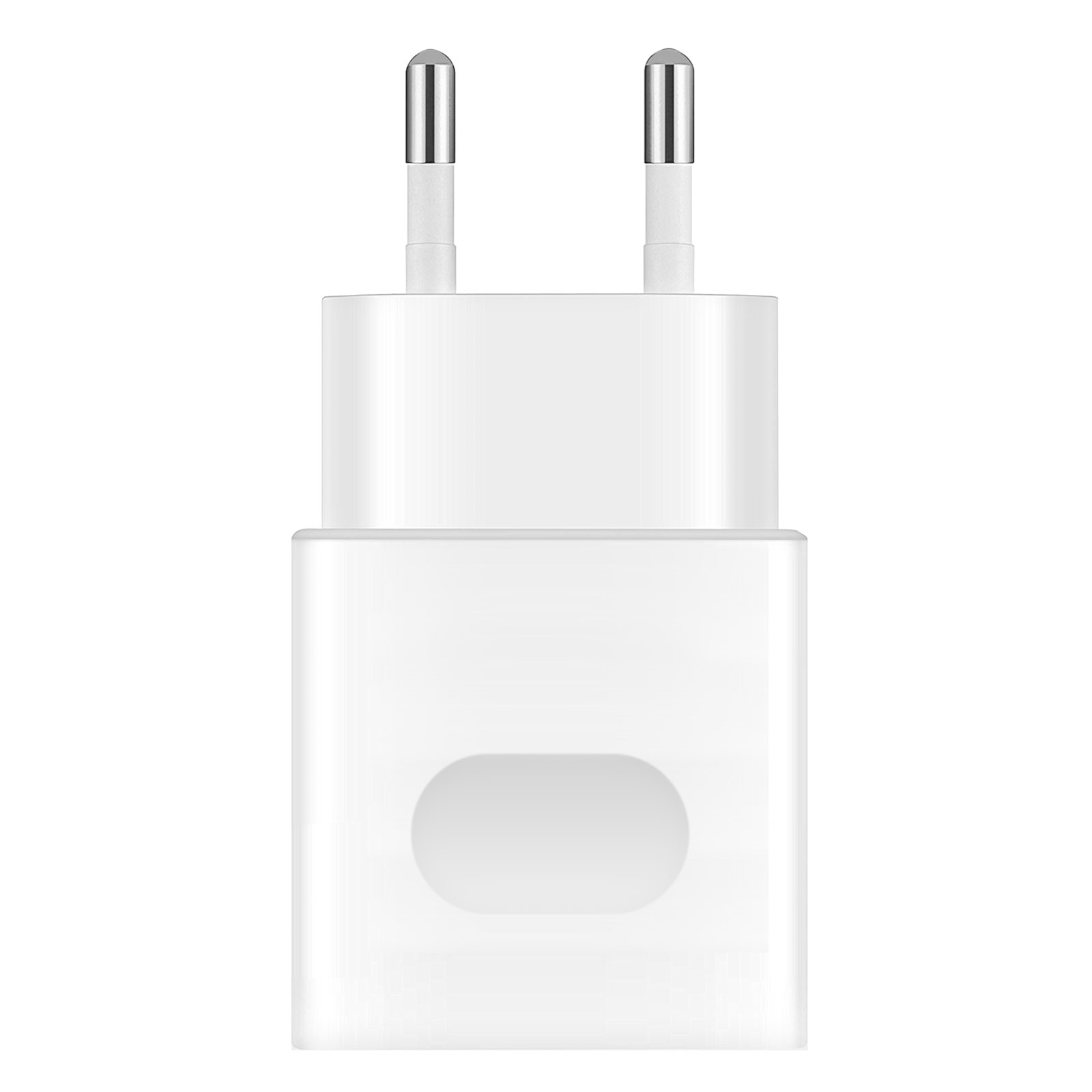 Caricabatterie per telefono bianco con due spine argentate.