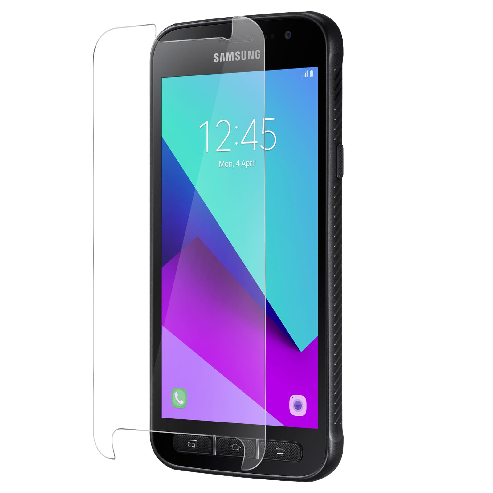 Een telefoon met een schermbeschermer aangebracht. De telefoon is zwart en heeft een robuuste hoes.