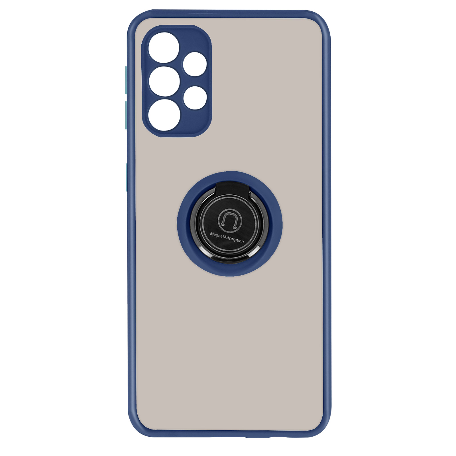 Een telefoon met een blauw en grijs hoesje met een ring.