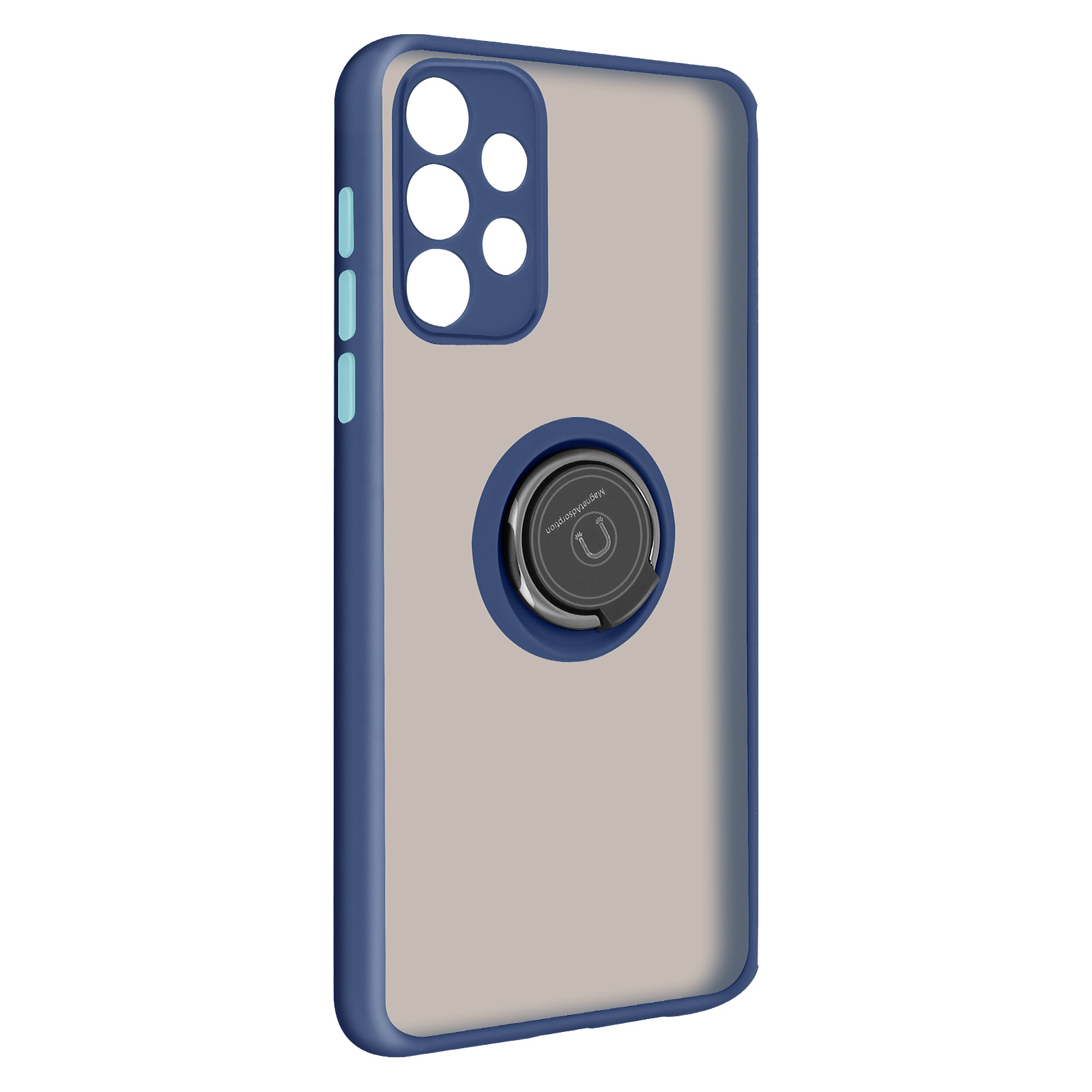 Blauwe en grijze telefoonhoes met ring. Witte achtergrond.
