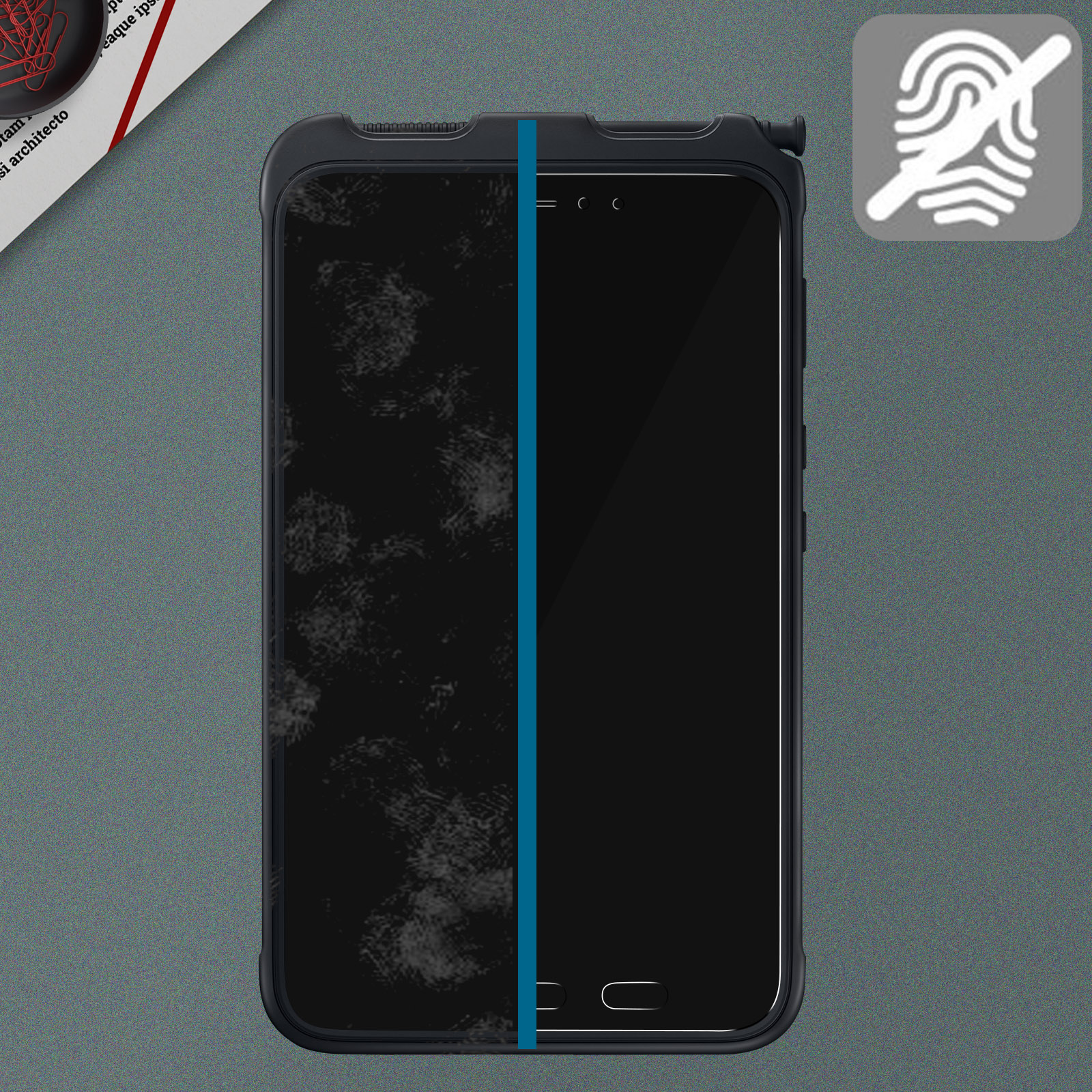 Telefono con schermo rotto, icona impronta digitale, linea blu, sfondo grigio.