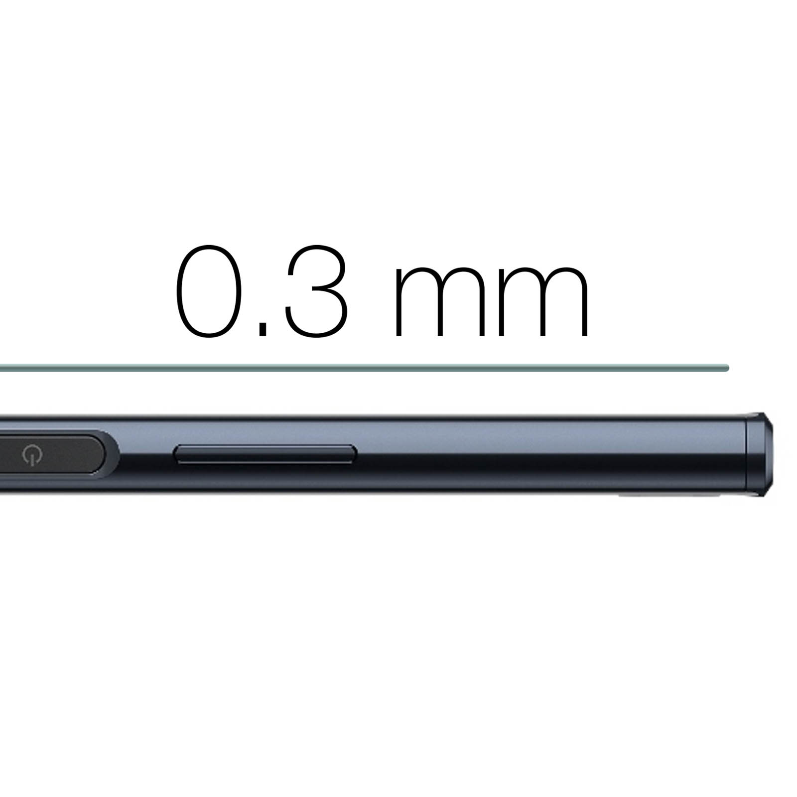 Primo piano del lato del telefono con testo "0,3 mm" e una sottile linea verde sopra il telefono.