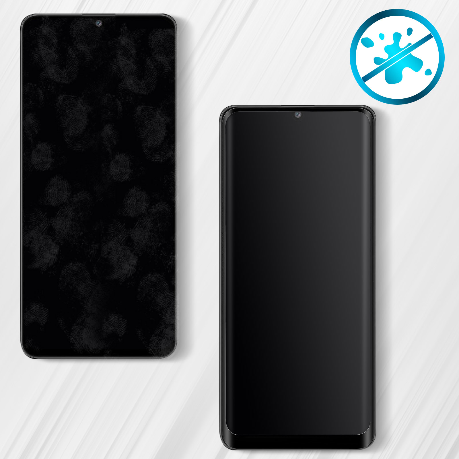 Due smartphone, uno con impronte digitali, l'altro pulito. Un simbolo di resistenza all'acqua sullo sfondo.