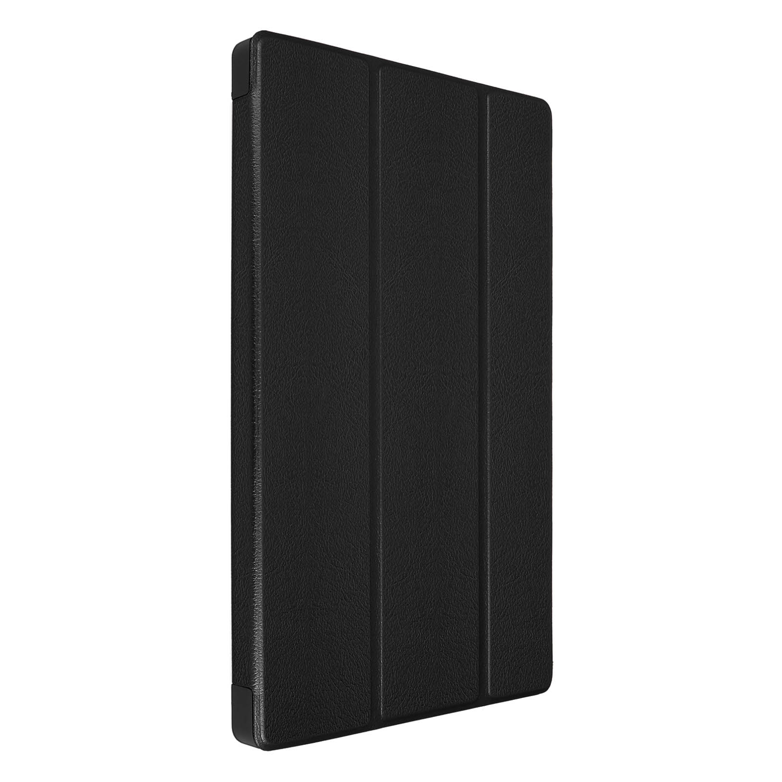 Custodia nera per tablet, chiusa, su sfondo bianco. Verticale, con superficie strutturata e tre linee verticali.