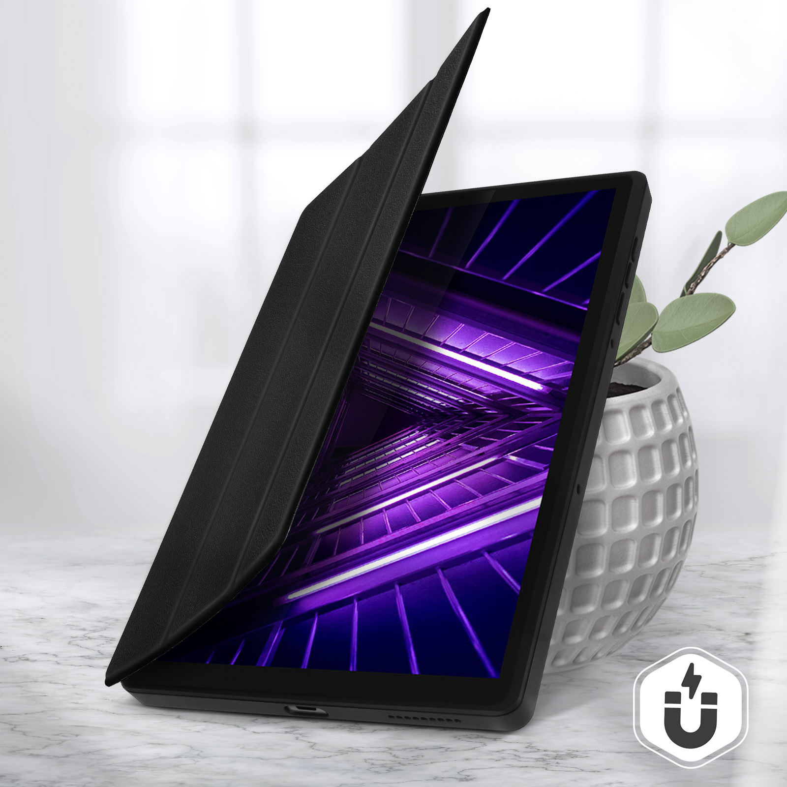 Custodia per tablet nera aperta, mostra immagine edificio.