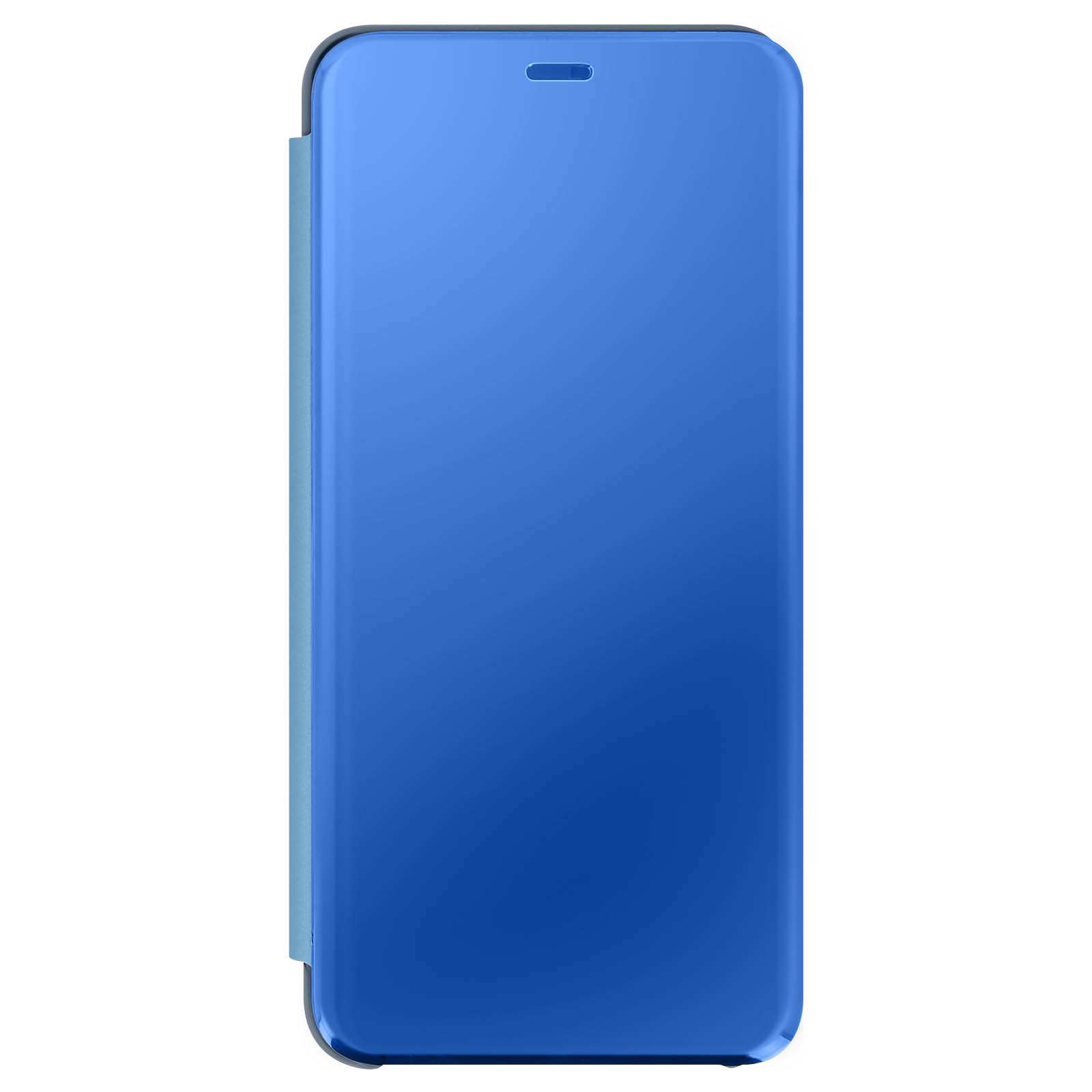 Une coque de téléphone bleue avec une surface brillante et réfléchissante. La coque est haute et fine, avec une découpe pour l'appareil photo.