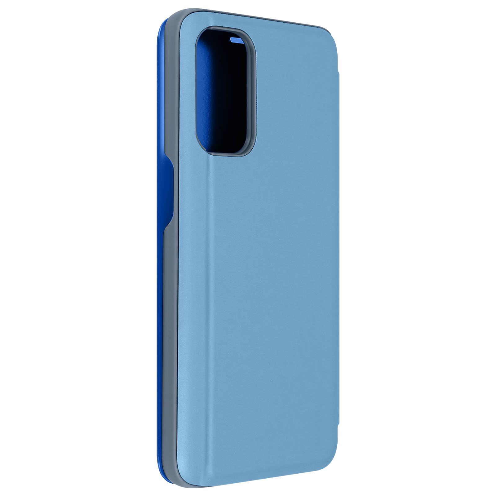 Coque de téléphone bleu clair. Palette de couleurs grise et bleu clair. Vue latérale.