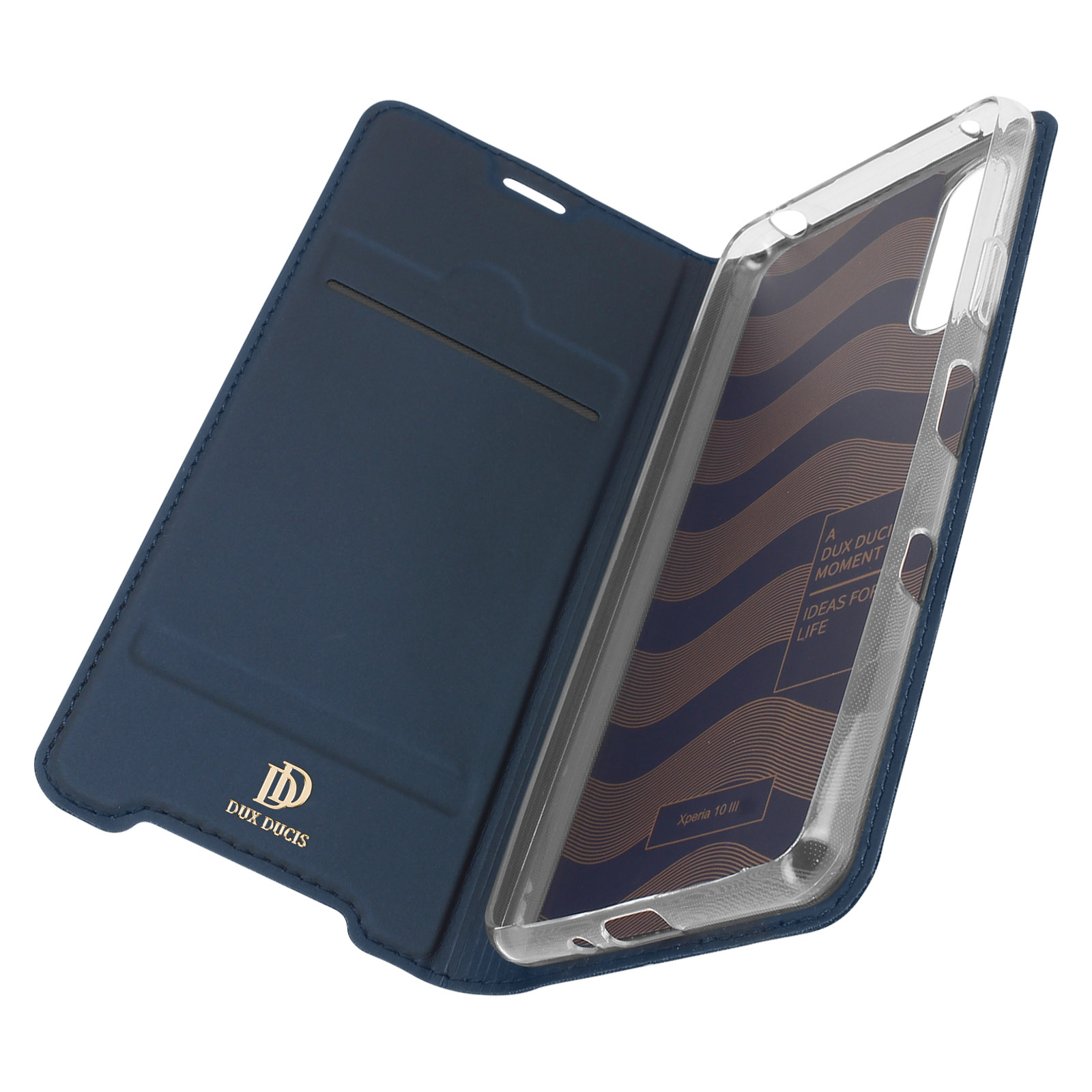 Custodia blu per telefono, aperta con telefono all'interno. La custodia ha fessure per carte. Telefono visibile con retro fantasia.