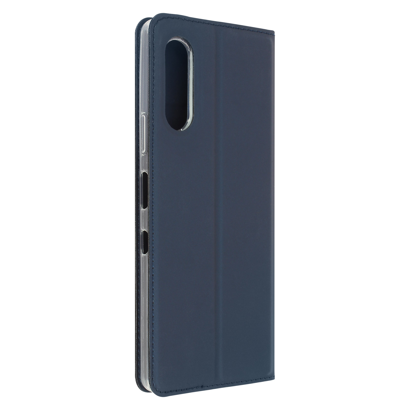 Una custodia per telefono blu navy chiusa. Il lato con i pulsanti e la parte superiore sono visibili.