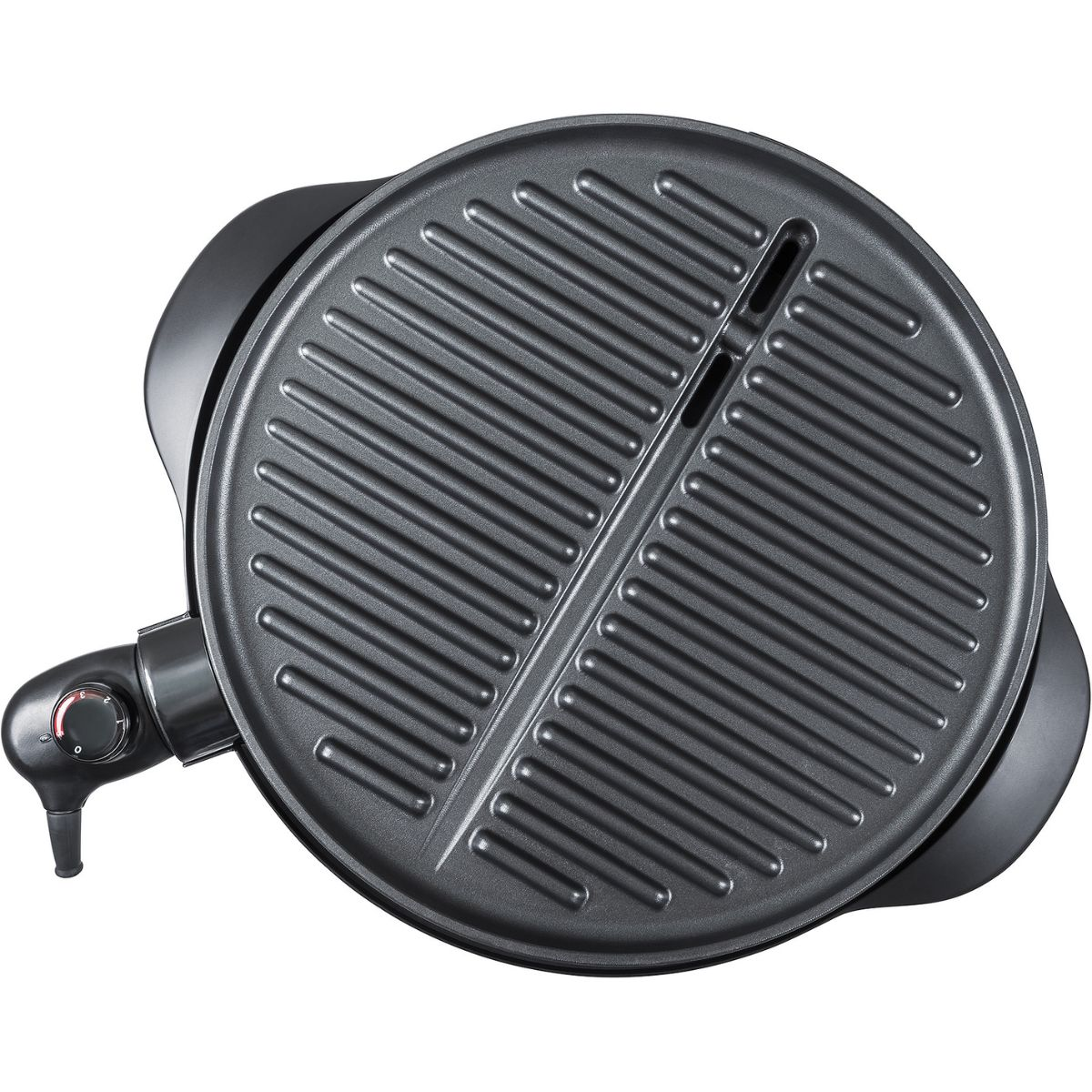 Ein grauer, runder Elektrogrill mit Griff und Leistungsregler auf weißem Hintergrund.