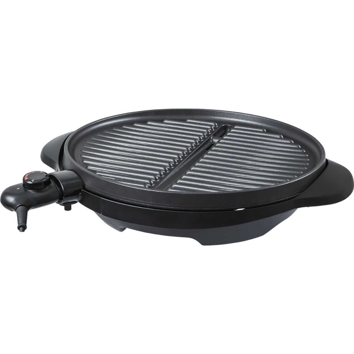 Ein schwarzer Elektrogrill mit kreisförmiger Kochfläche und Temperaturregelung.