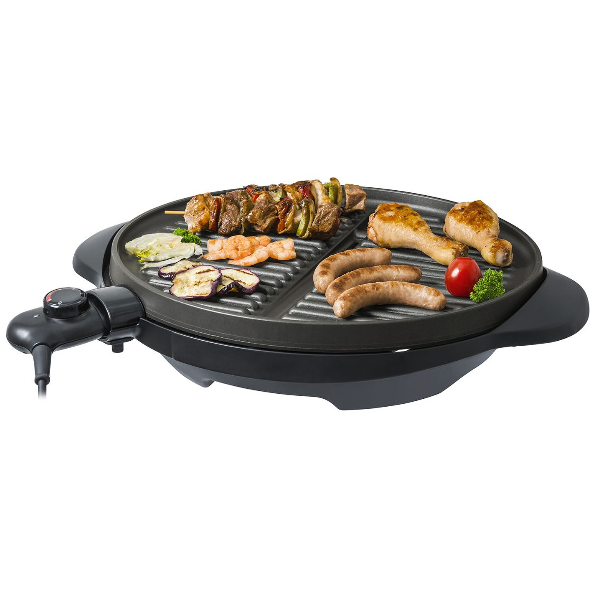 Elektrischer Grill mit verschiedenen gekochten Speisen, darunter Fleisch, Gemüse und Würstchen.