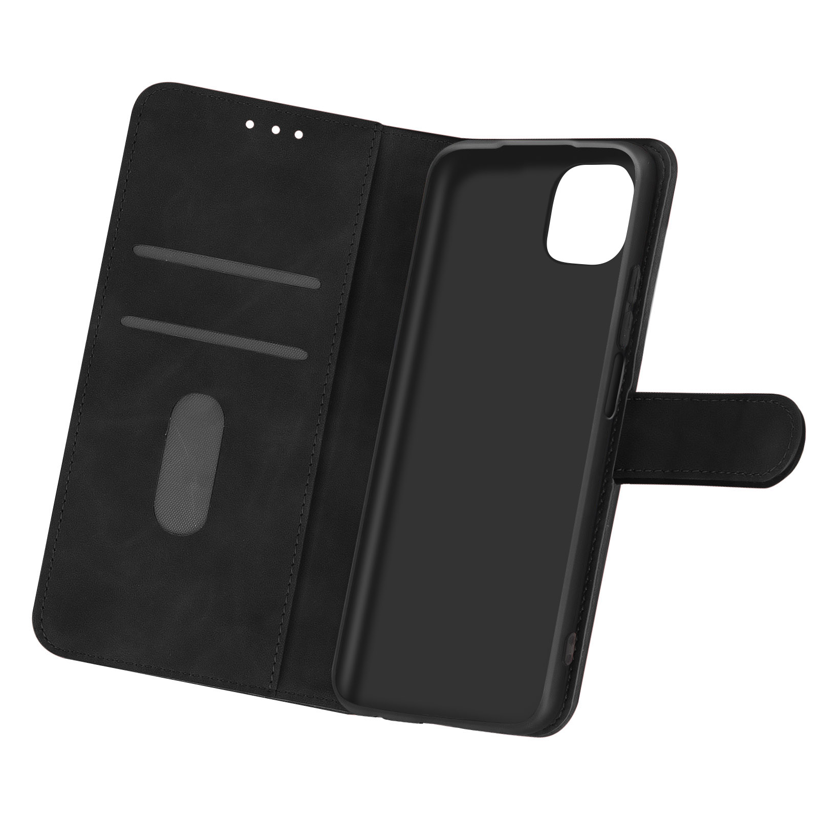 Étui de téléphone noir, ouvert, montrant le téléphone à l'intérieur. Fente pour carte et fenêtre transparente à gauche.