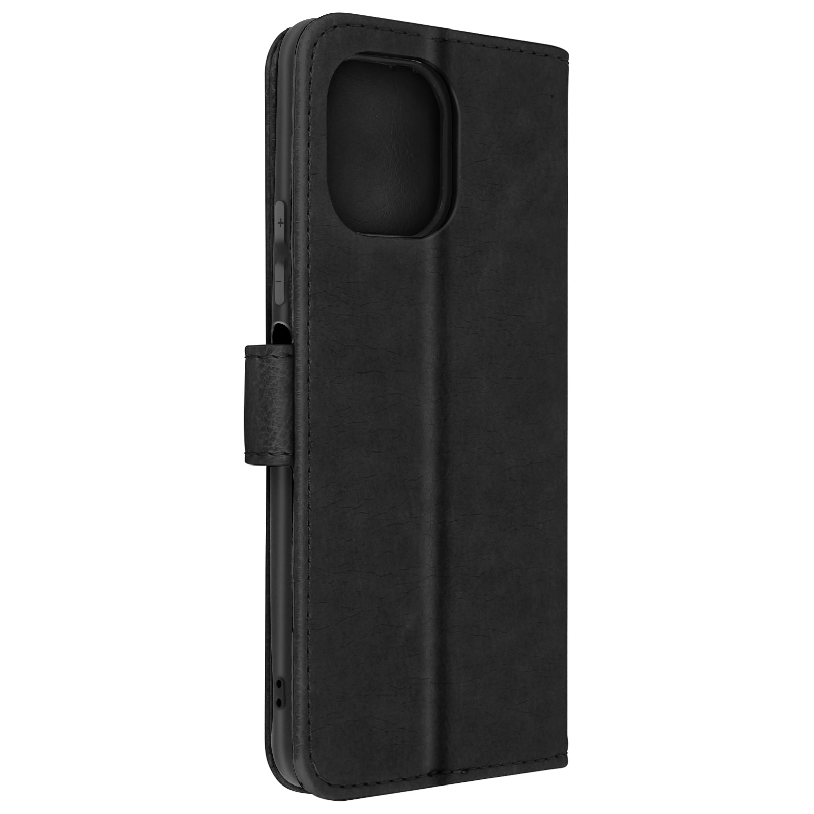 Coque de téléphone noire, fermée, avec fermoir magnétique. C'est sur un fond blanc.