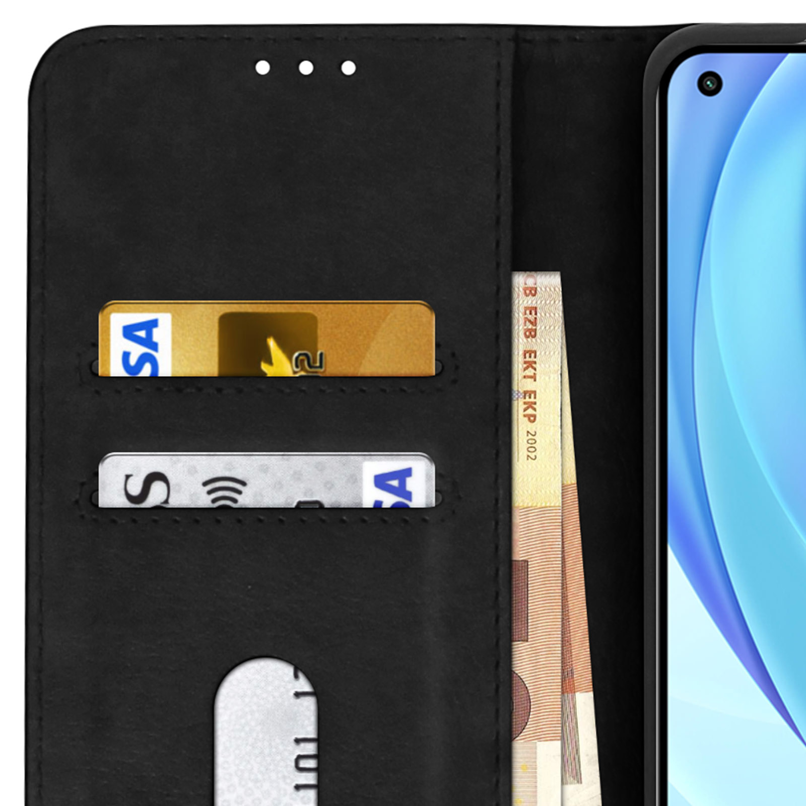 Étui portefeuille noir pour téléphone montrant cartes et espèces. Fond blanc.