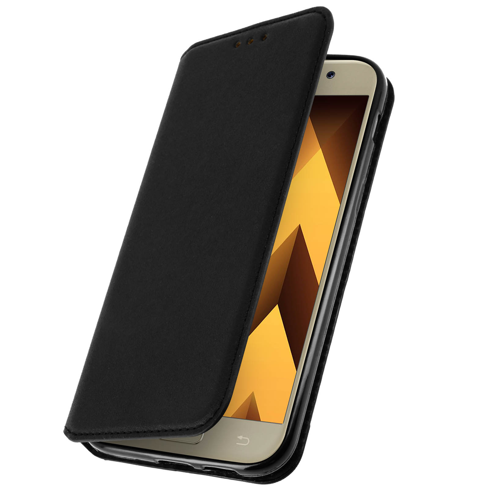 Custodia per telefono nera, aperta, che mostra l'interno e il telefono. Il telefono ha un motivo giallo sullo schermo.