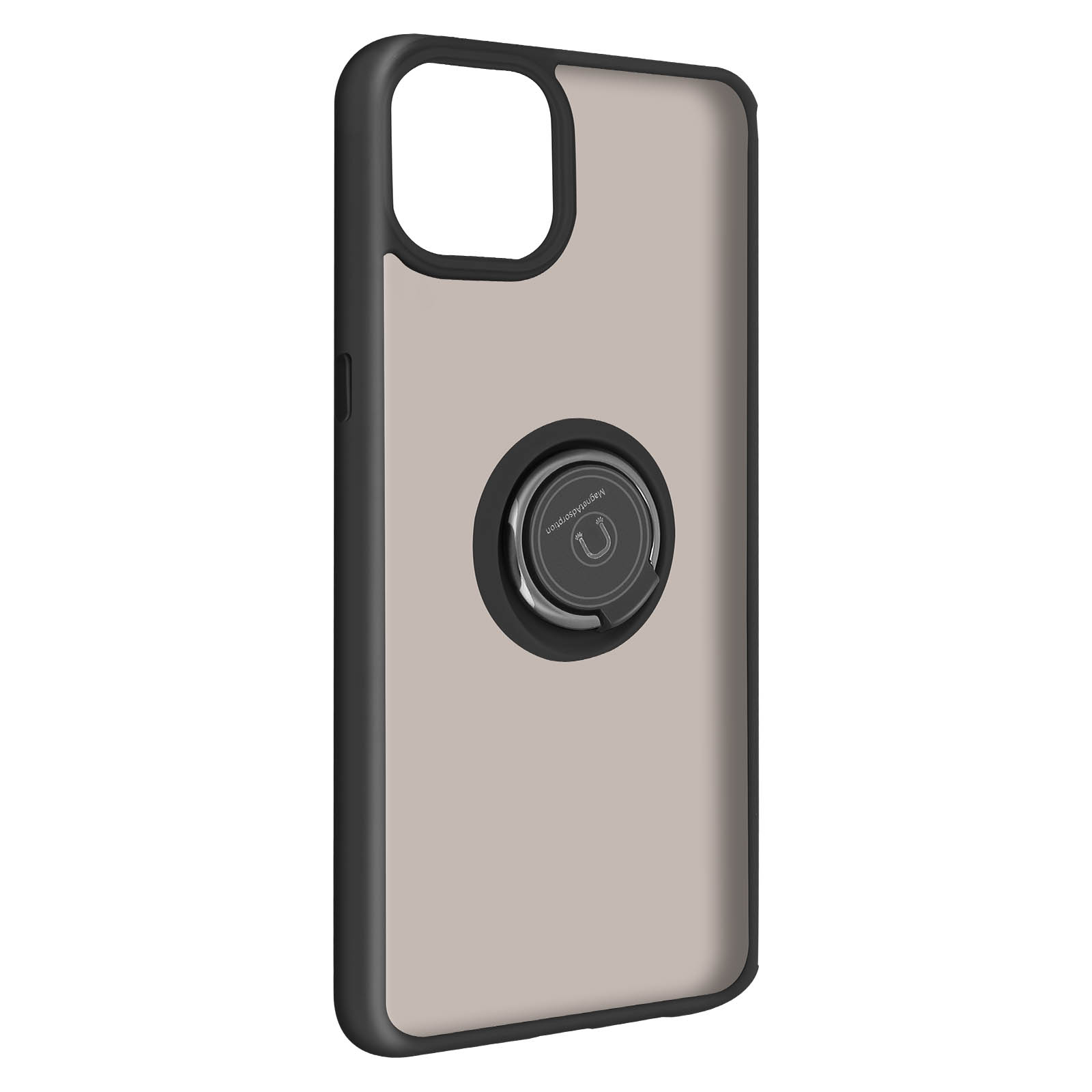 Coque de téléphone avec dos gris, cadre noir et support de bague avec logo.