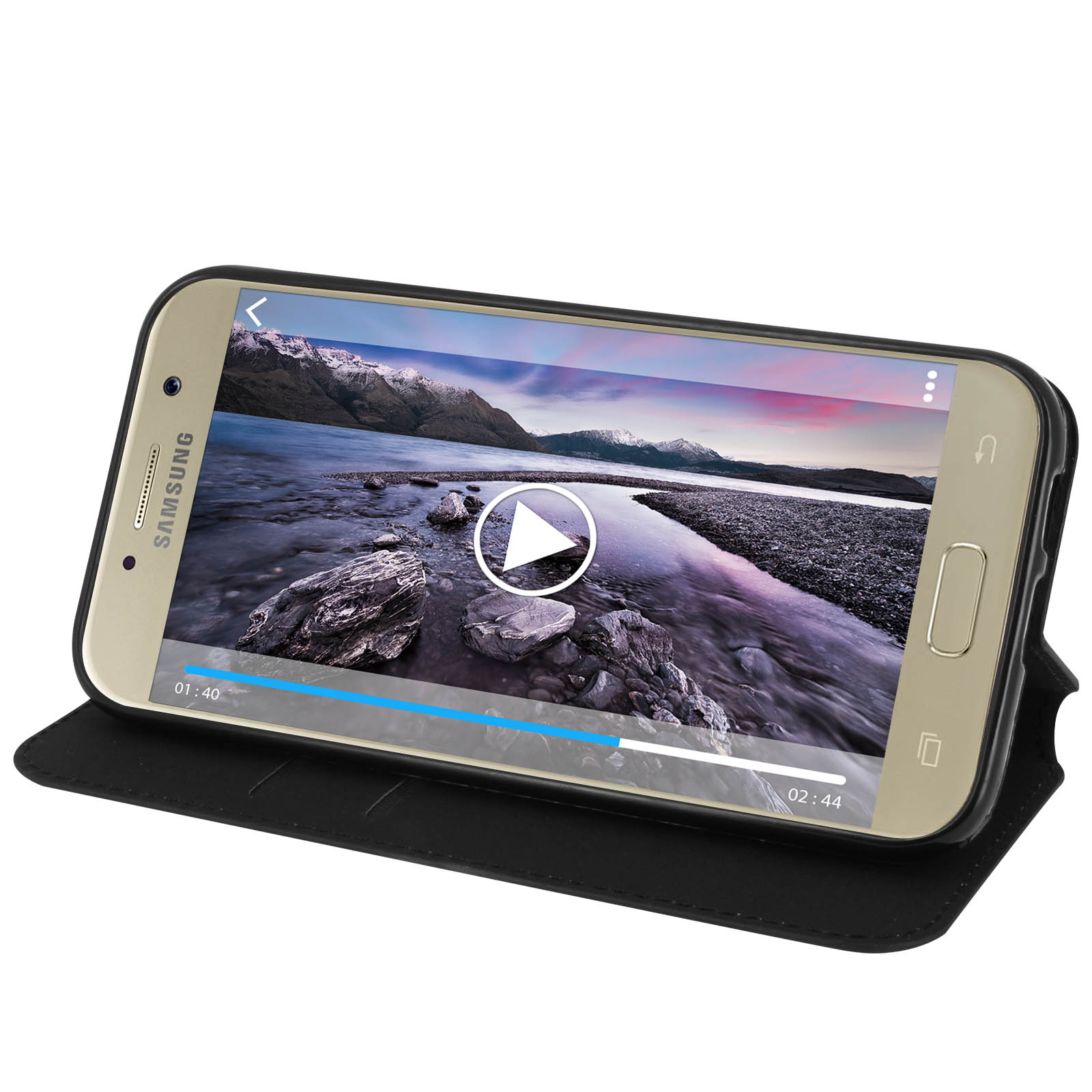 Un telefono in una custodia nera mostra un video con il pulsante play. Custodia aperta.