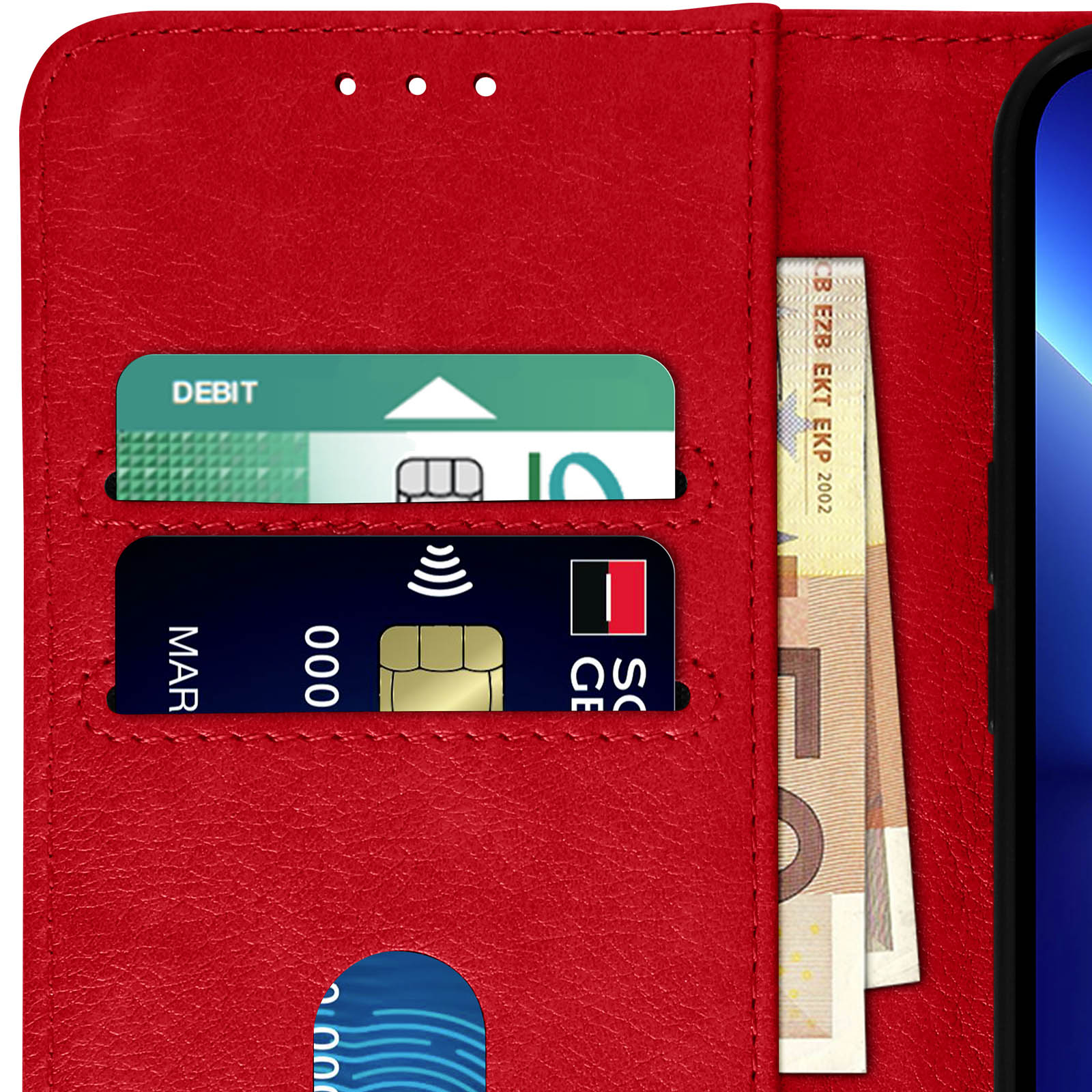 Rode telefoonportemonnee met kaarten en geld erin. Open weergave.