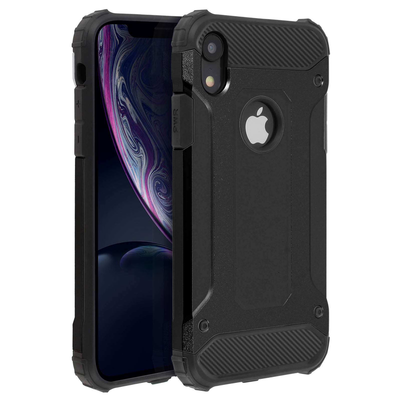 Custodia nera per telefono con logo Apple. Sfondo nero.