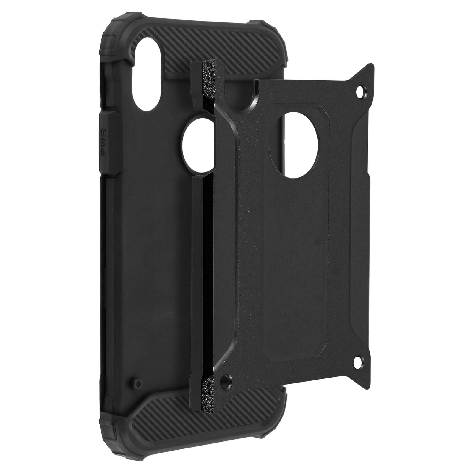 Custodia nera per telefono con elemento nero separato. Visibile texture fibra di carbonio.