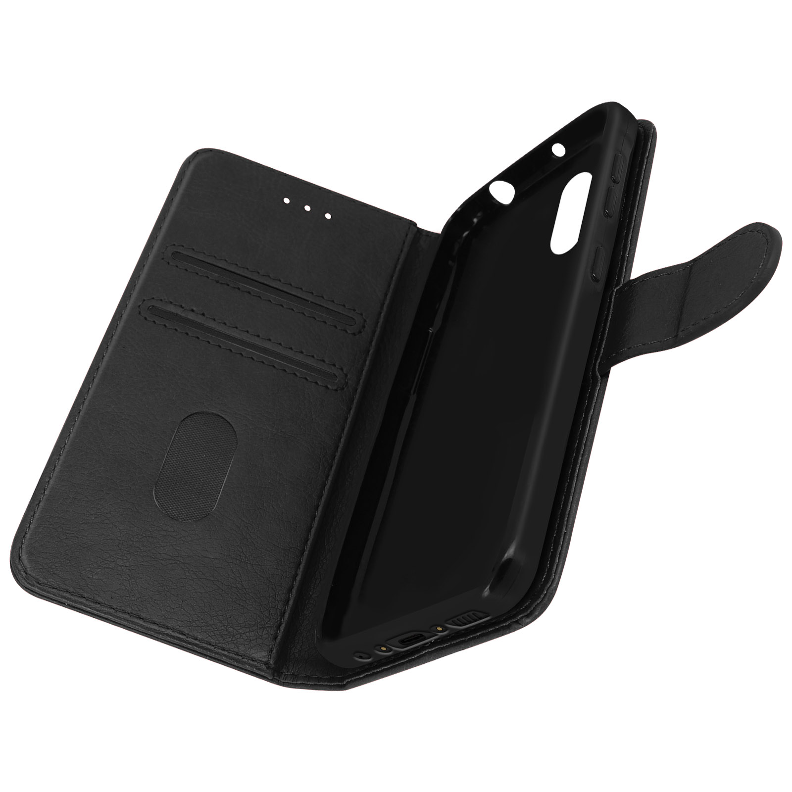 Étui de téléphone noir ouvert, montrant un téléphone à l'intérieur, avec une fente pour carte.