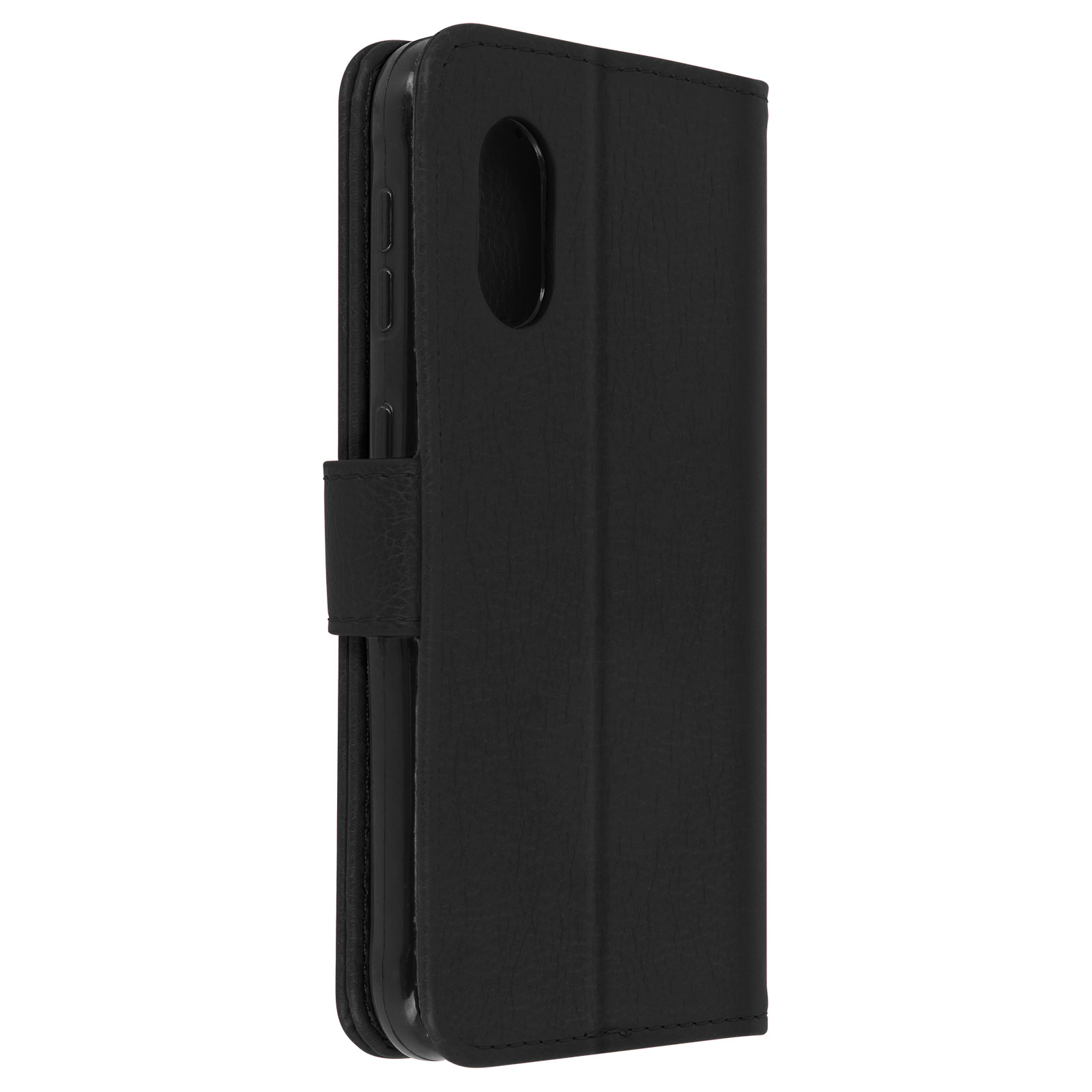 Coque de téléphone noire, pliée. L'intérieur a une finition douce. Vue latérale, avec un bord incurvé.