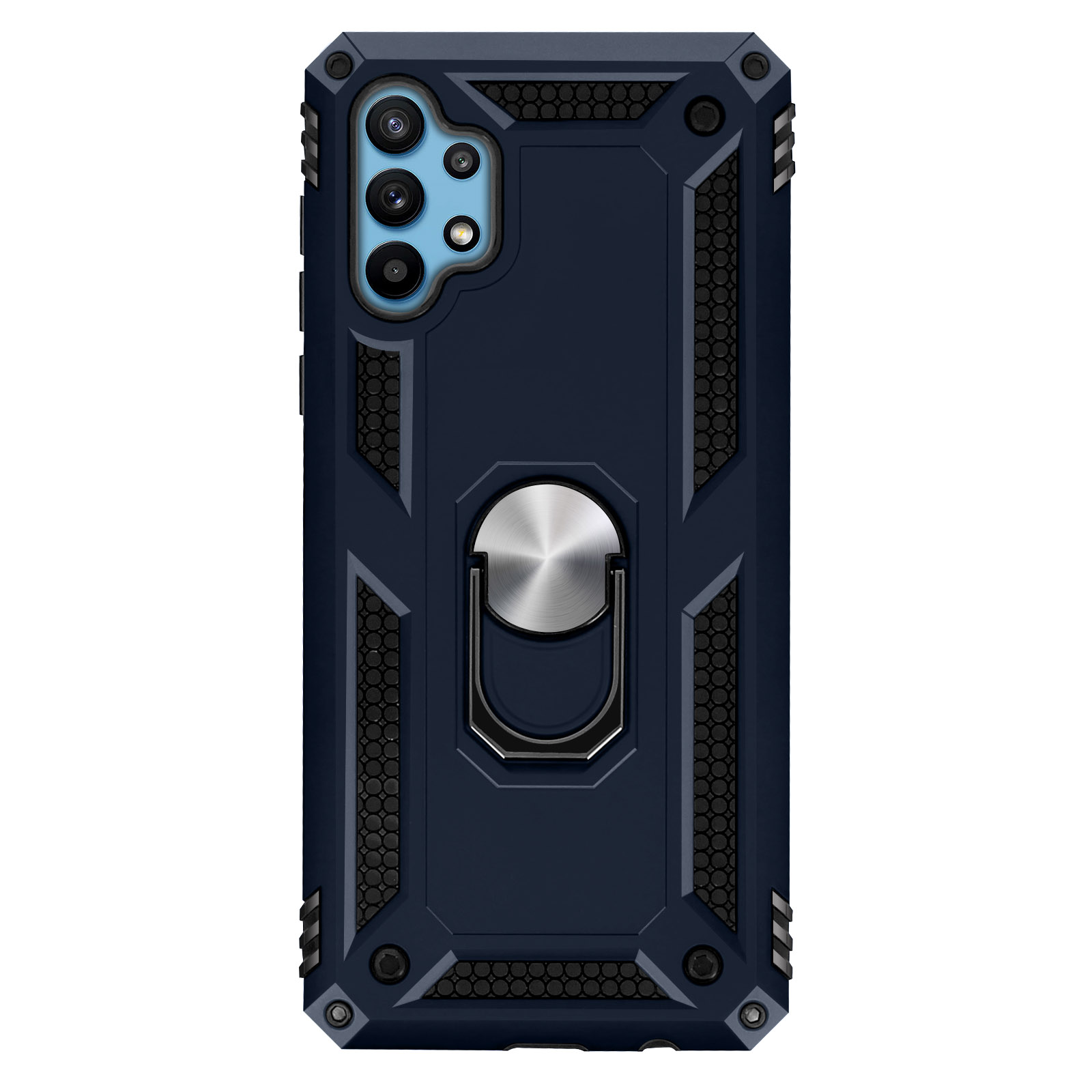Custodia blu scuro con supporto ad anello argentato su sfondo blu scuro.