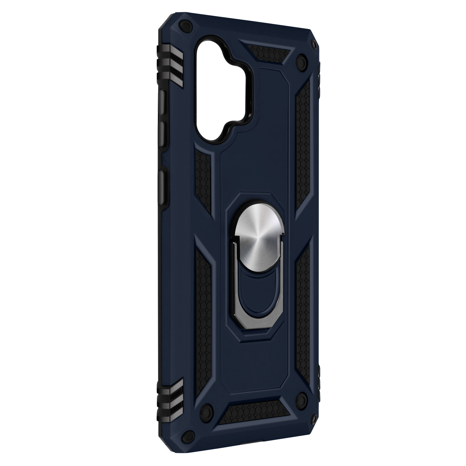 Custodia blu per telefono con un supporto ad anello e un modulo fotocamera.