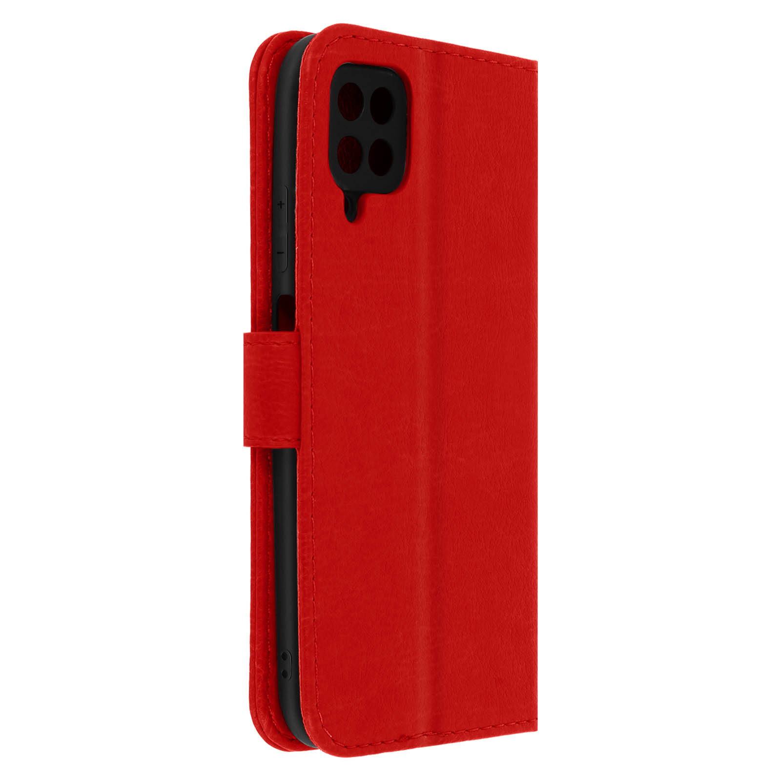 Étui de téléphone rouge fermé. Module caméra noir et détails des boutons.