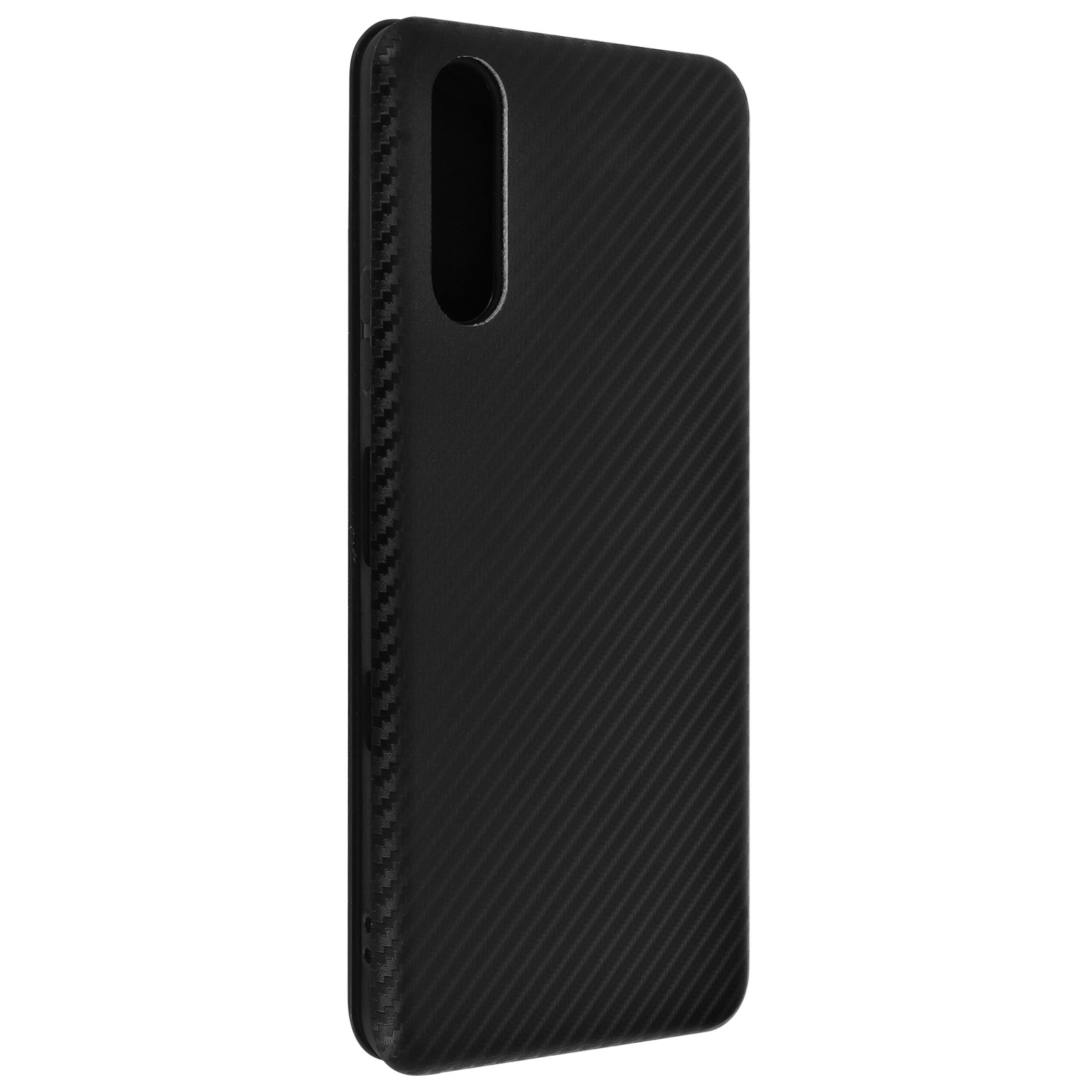 Una custodia per telefono nera con un design in fibra di carbonio, con un ritaglio per la fotocamera.