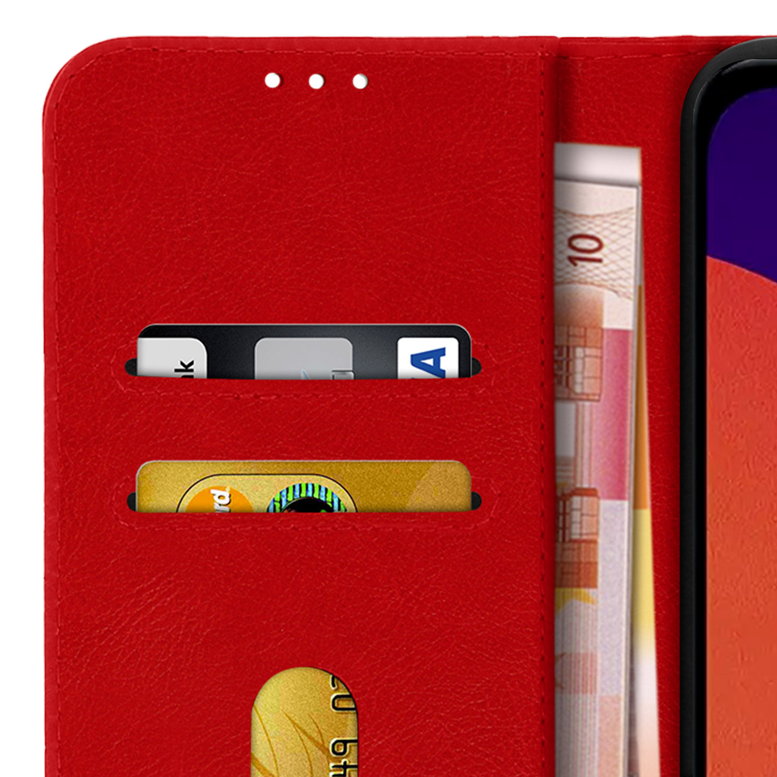 Portefeuille rouge pour téléphone ouvert, révélant fentes cartes, billet et écran.