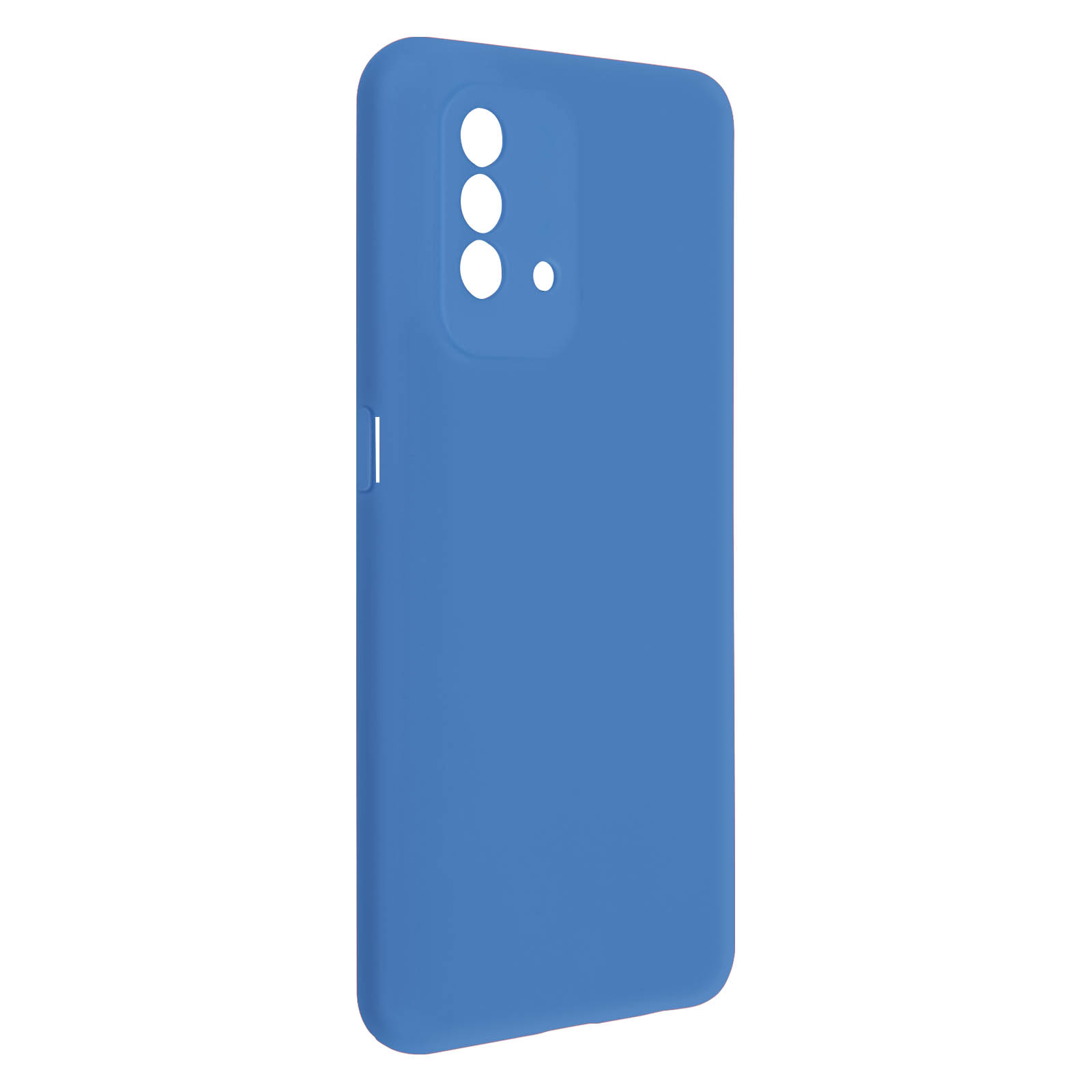 Blauwe telefoonhoes met camera gaten en een zijknop, effen ontwerp.