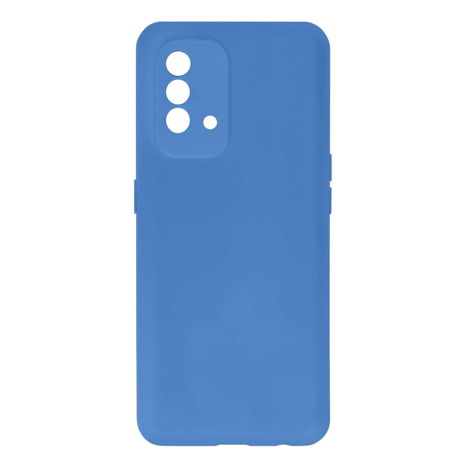Blauwe telefoonhoes met camera-uitsparingen op een witte achtergrond. De hoes is effen.
