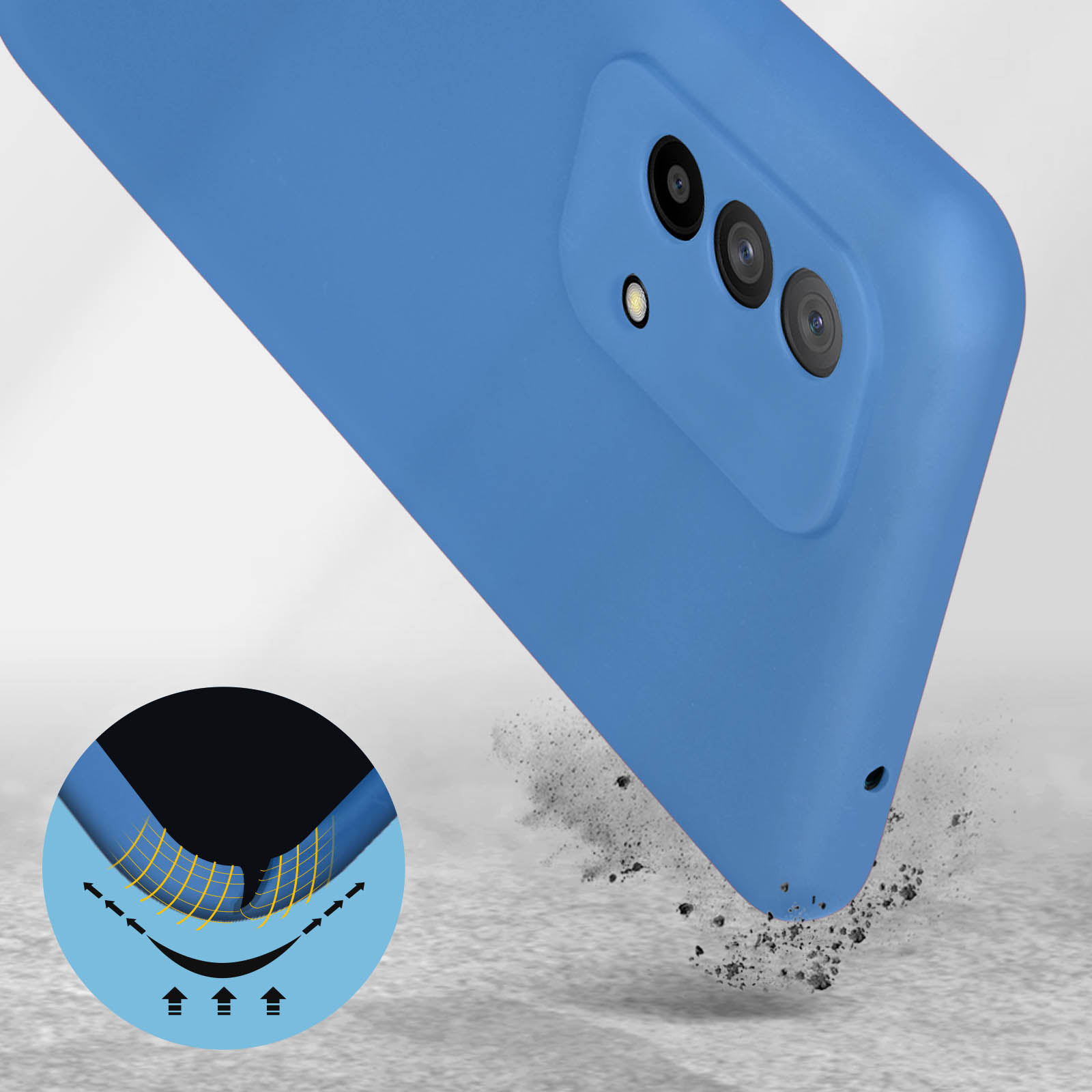 Een blauwe telefoonhoes op een oppervlak met vuil.