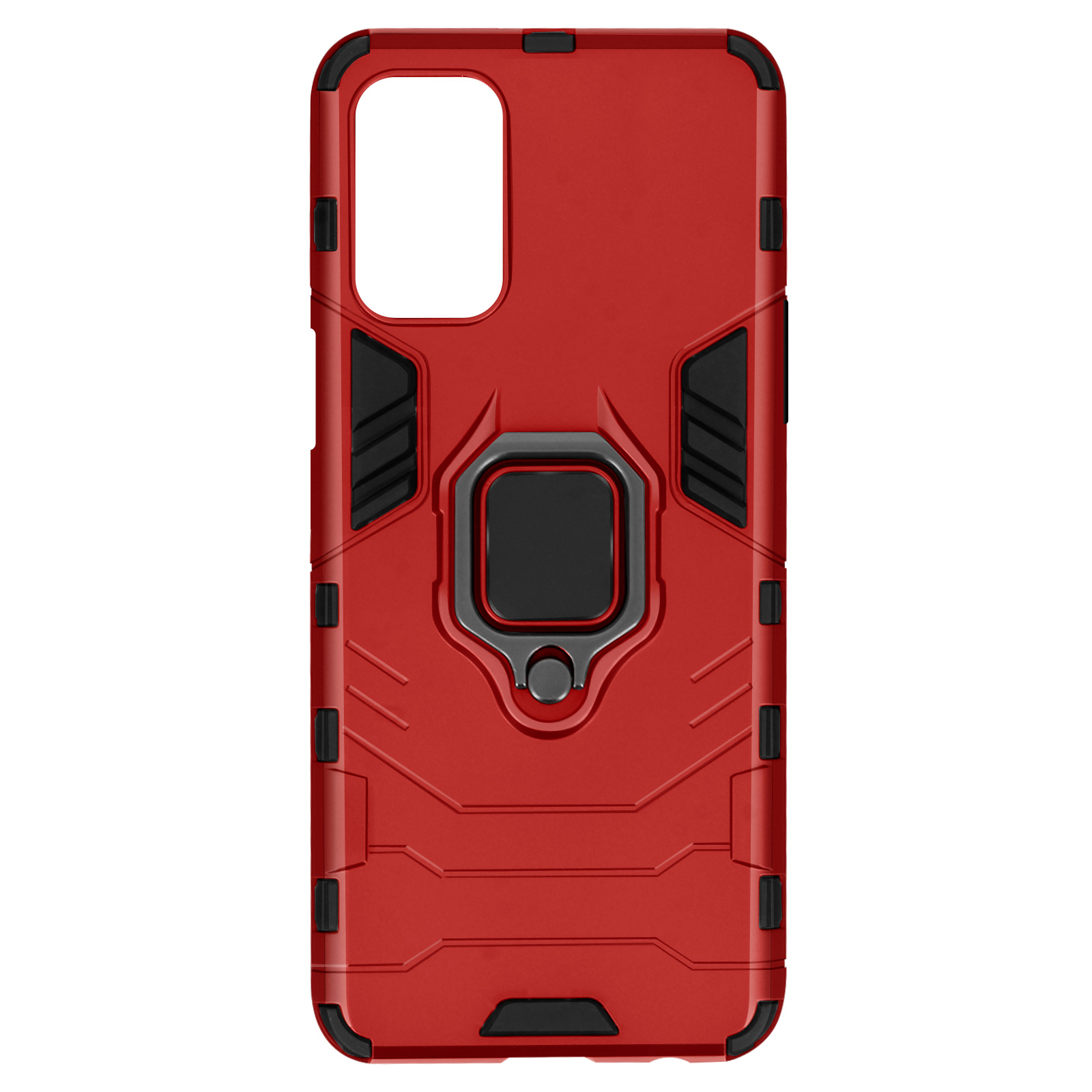 Coque de téléphone rouge avec anneau de support. La coque est pour un téléphone, avec un anneau de support noir.